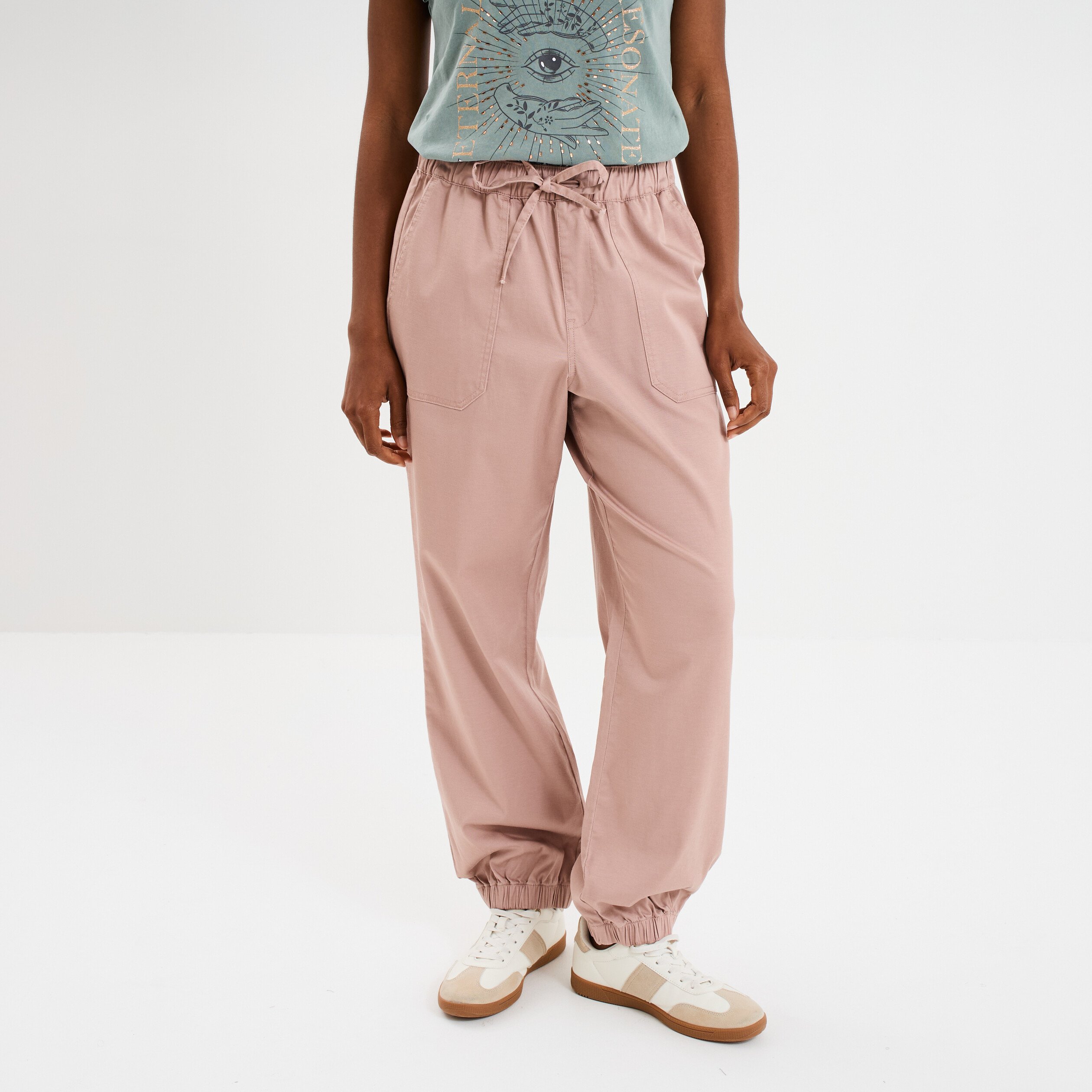 pantalon droit battle taille elastiquee rose poudree femme Pantalon droit battle taille élastiquée rose poudrée femme