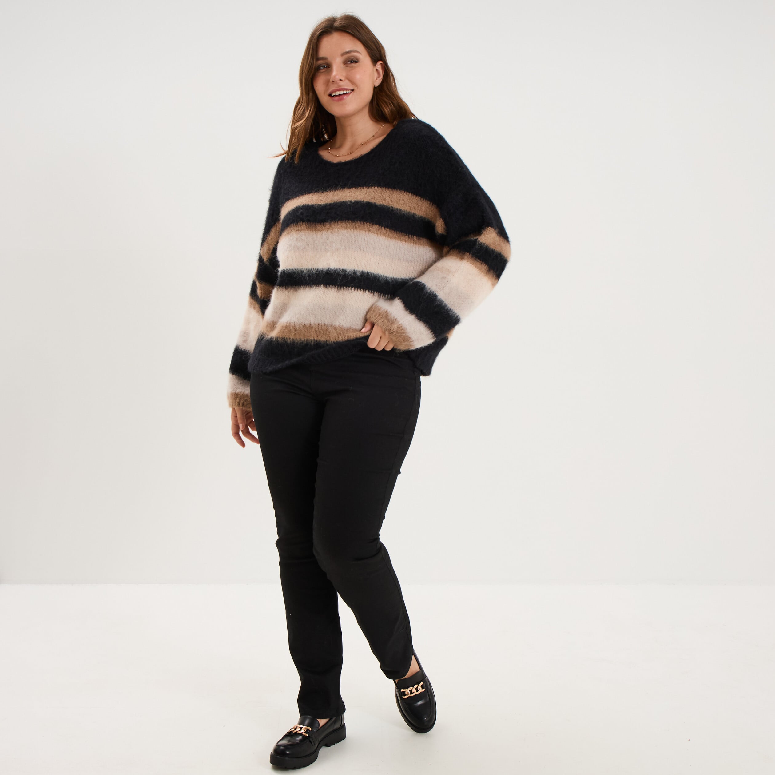 Pull col rond manches longues beige femme grande taille