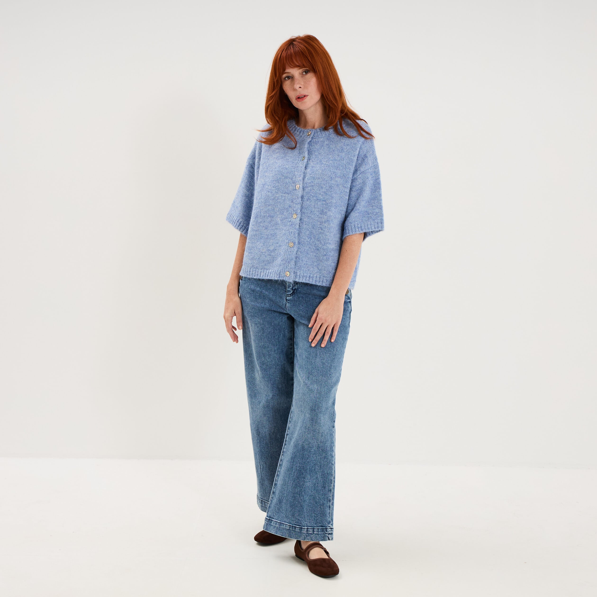 Gilet boutonn&eacute; manches courtes col rond bleu ciel femme