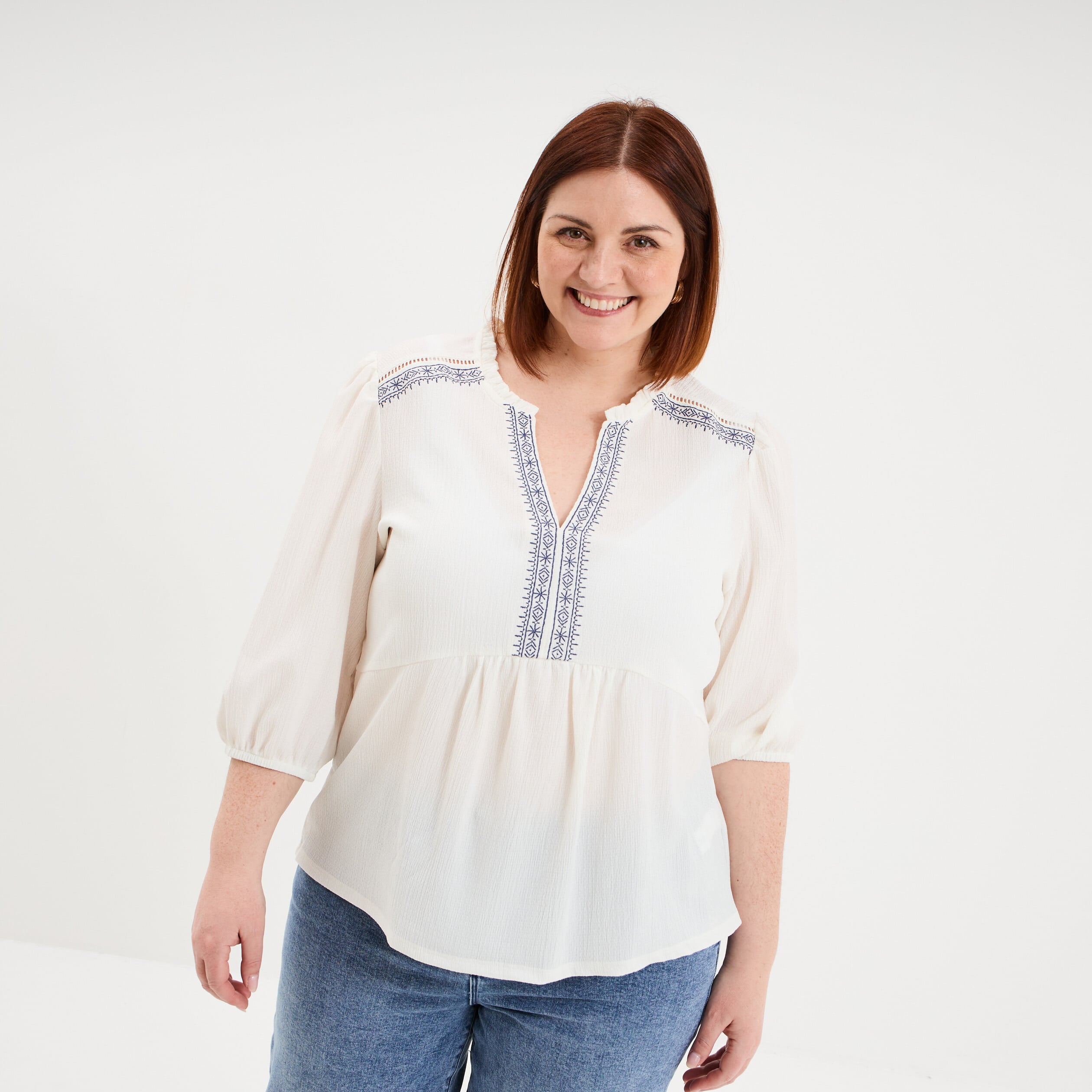 Blouse manches ballons 3/4 ecru femme grande taille