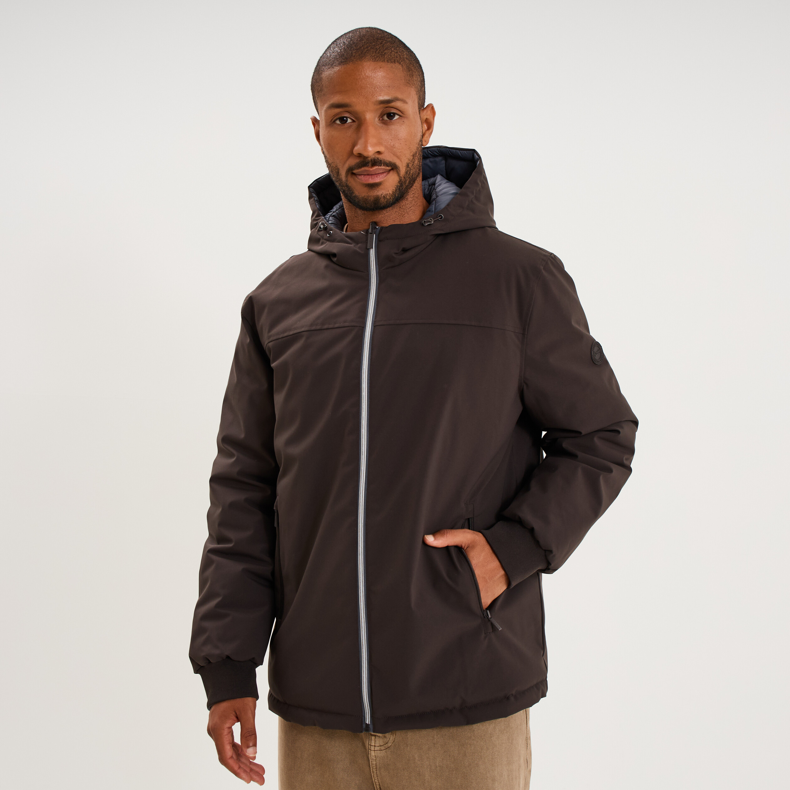 Blouson r&eacute;versible &agrave; capuche zipp&eacute; marron fonc&eacute; homme