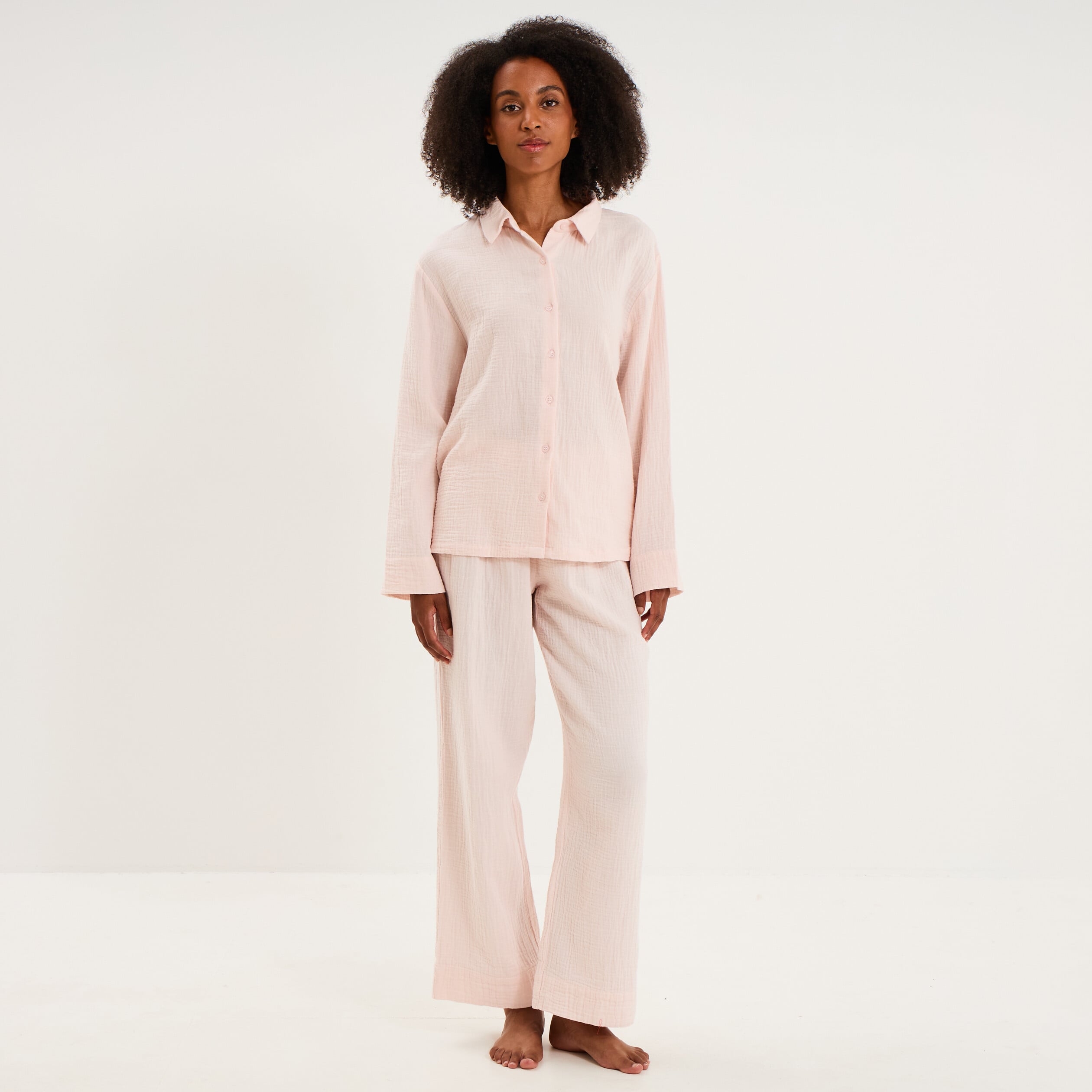 Ensemble pyjama chemise gaze de coton rose clair femme