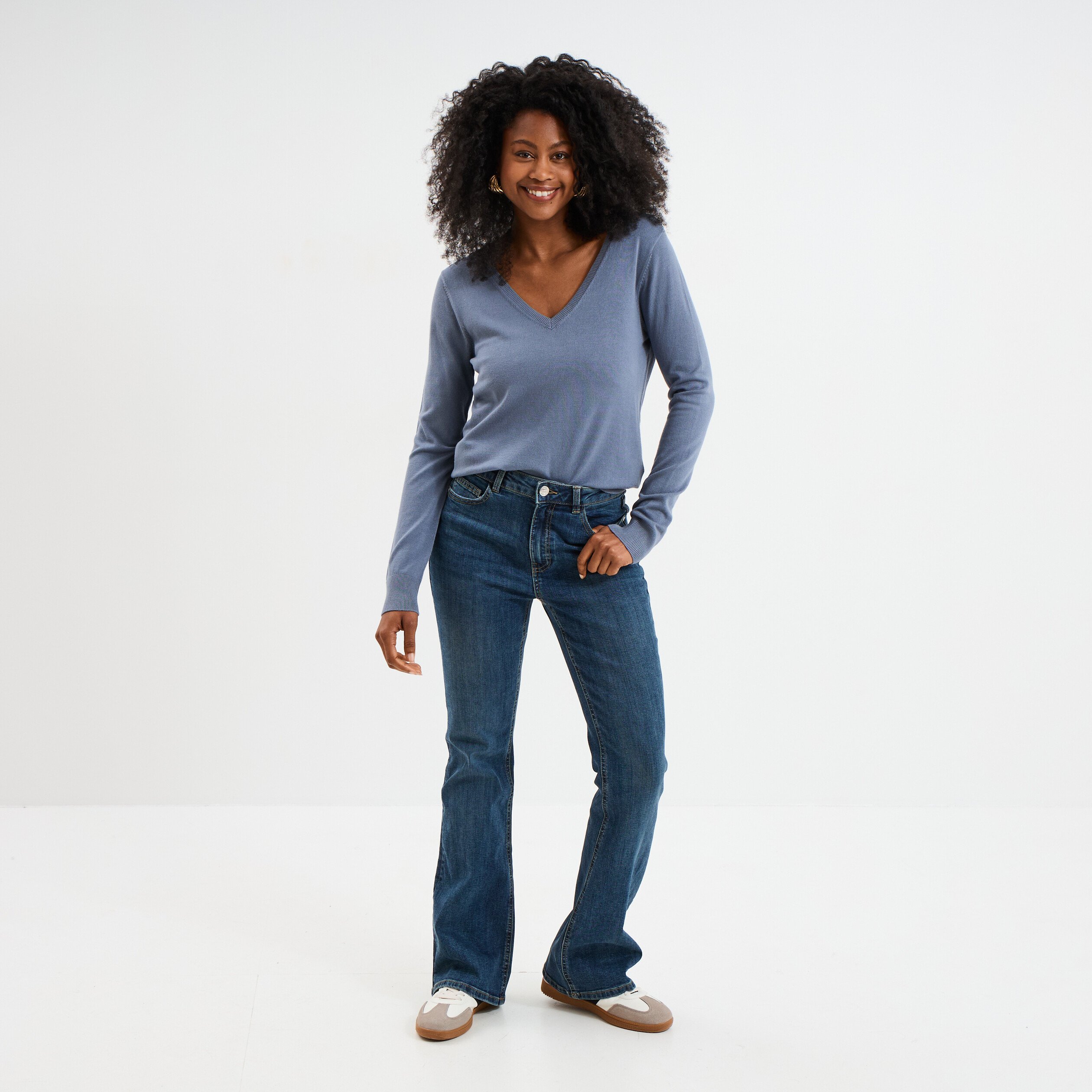 pull col en v manches longues bleu gris femme Pull col en V manches longues bleu gris femme