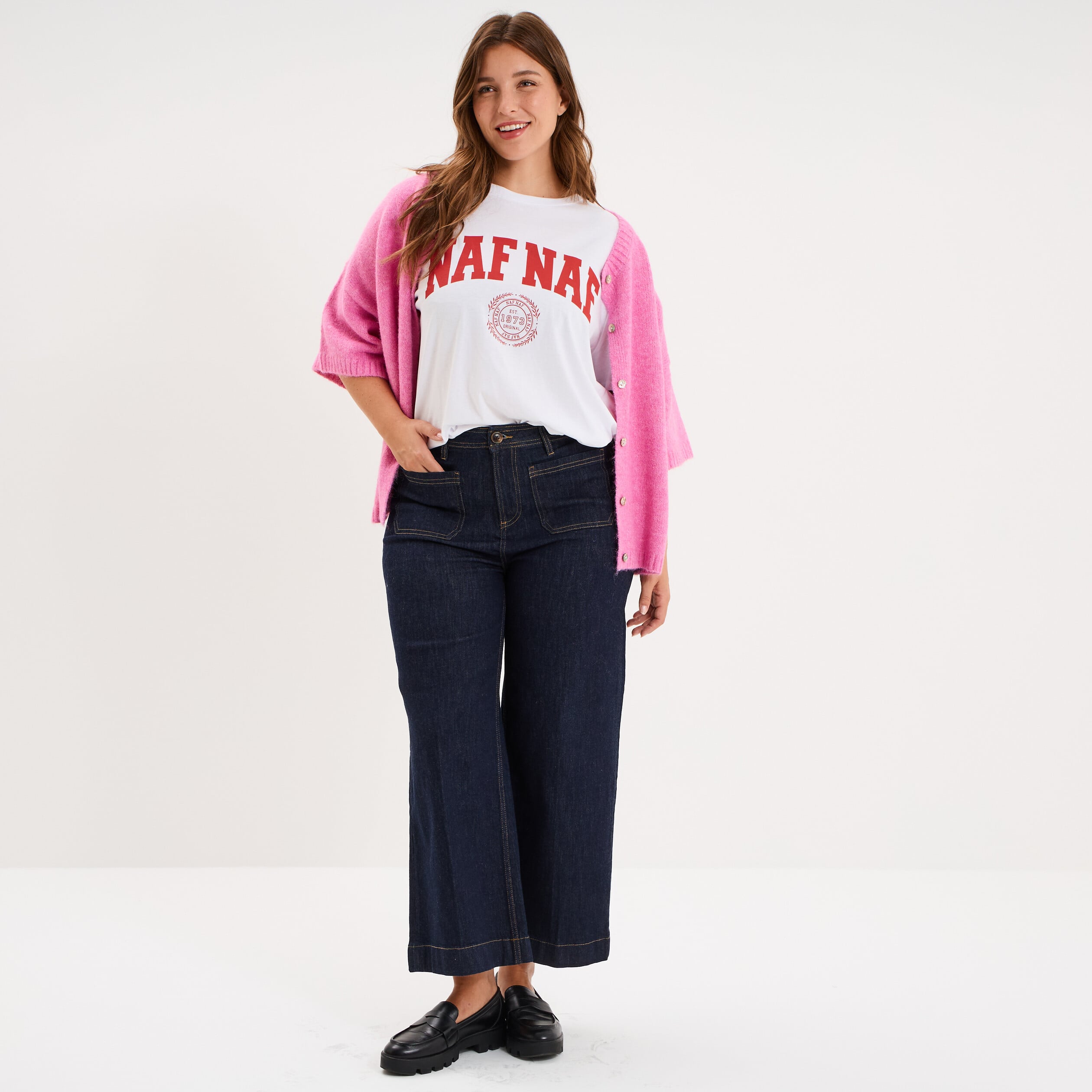 Jean large cropped poches plaqu&eacute;es denim brut femme grande taille