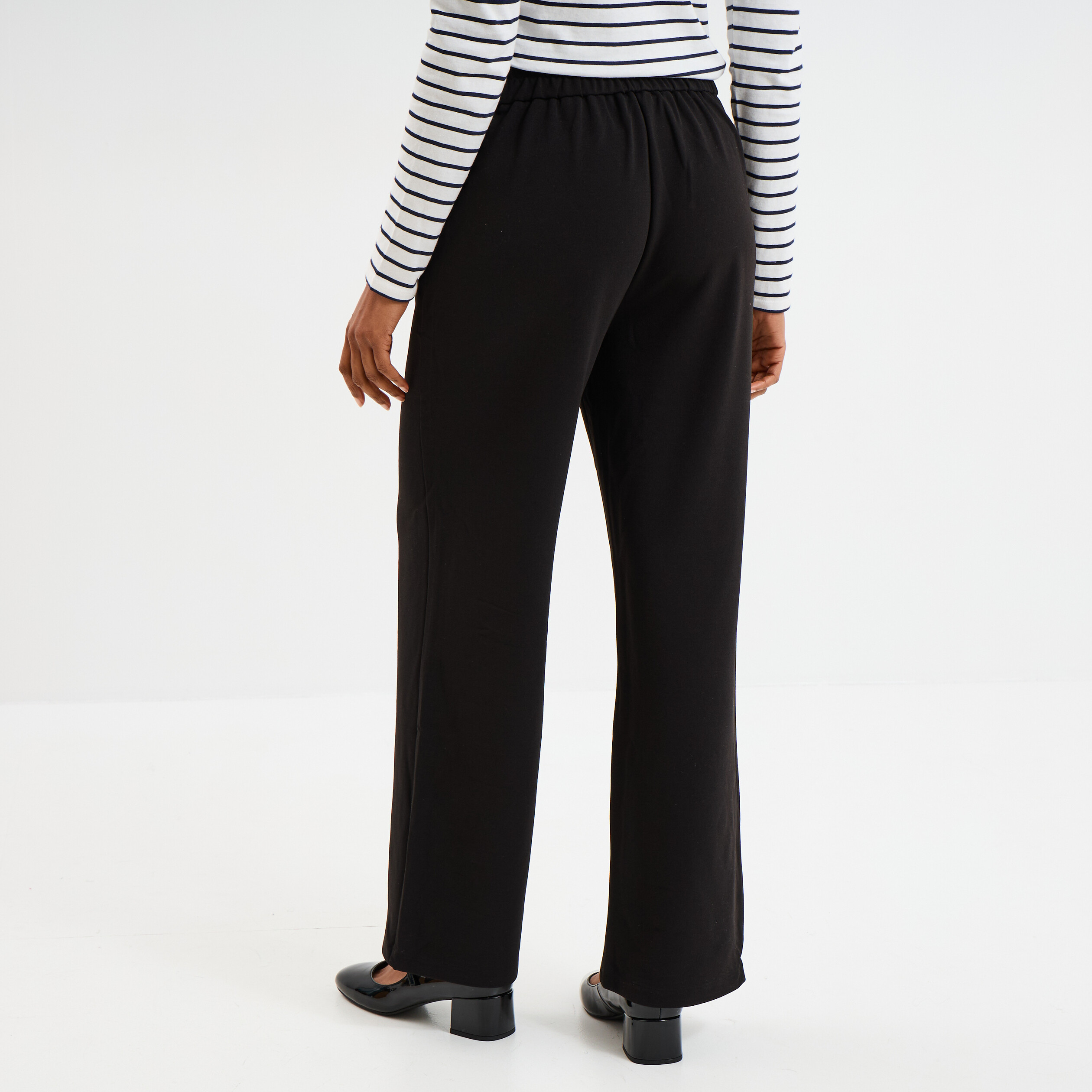 Pantalon droit &agrave; pont taille &eacute;lastiqu&eacute;e noir femme