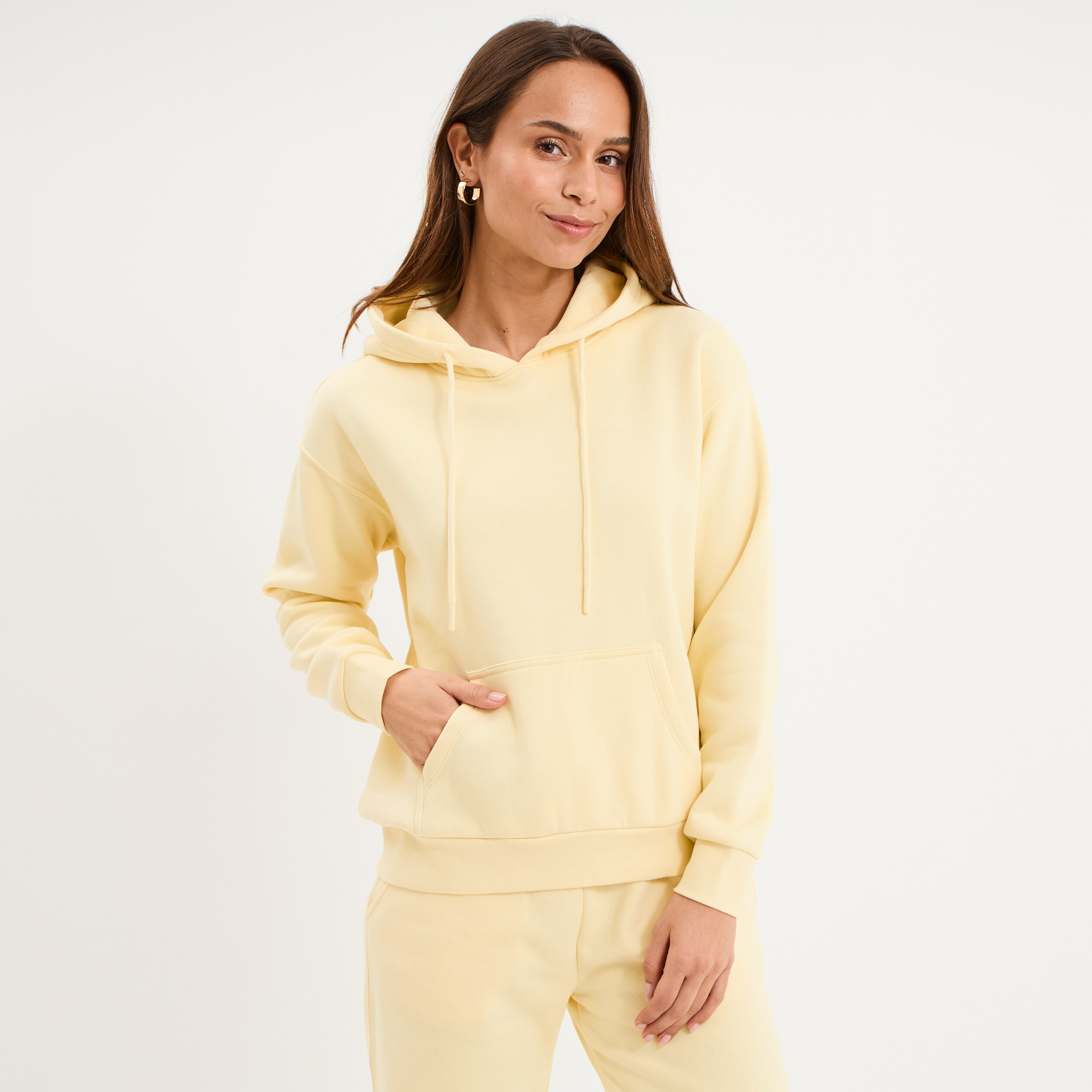 Sweat hoodie molleton &agrave; capuche jaune clair femme