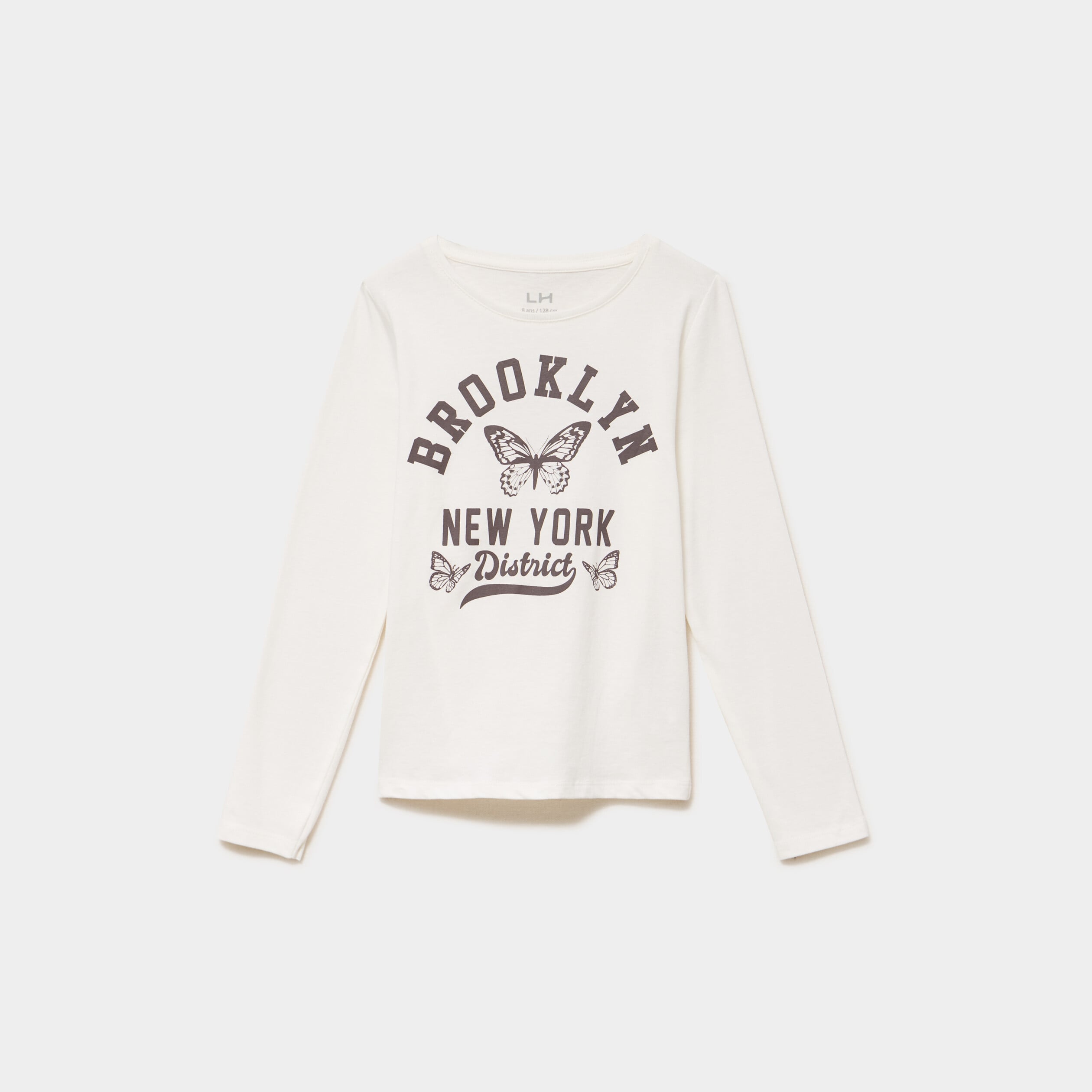 T-shirt col rond manches longues coton ivoire fille
