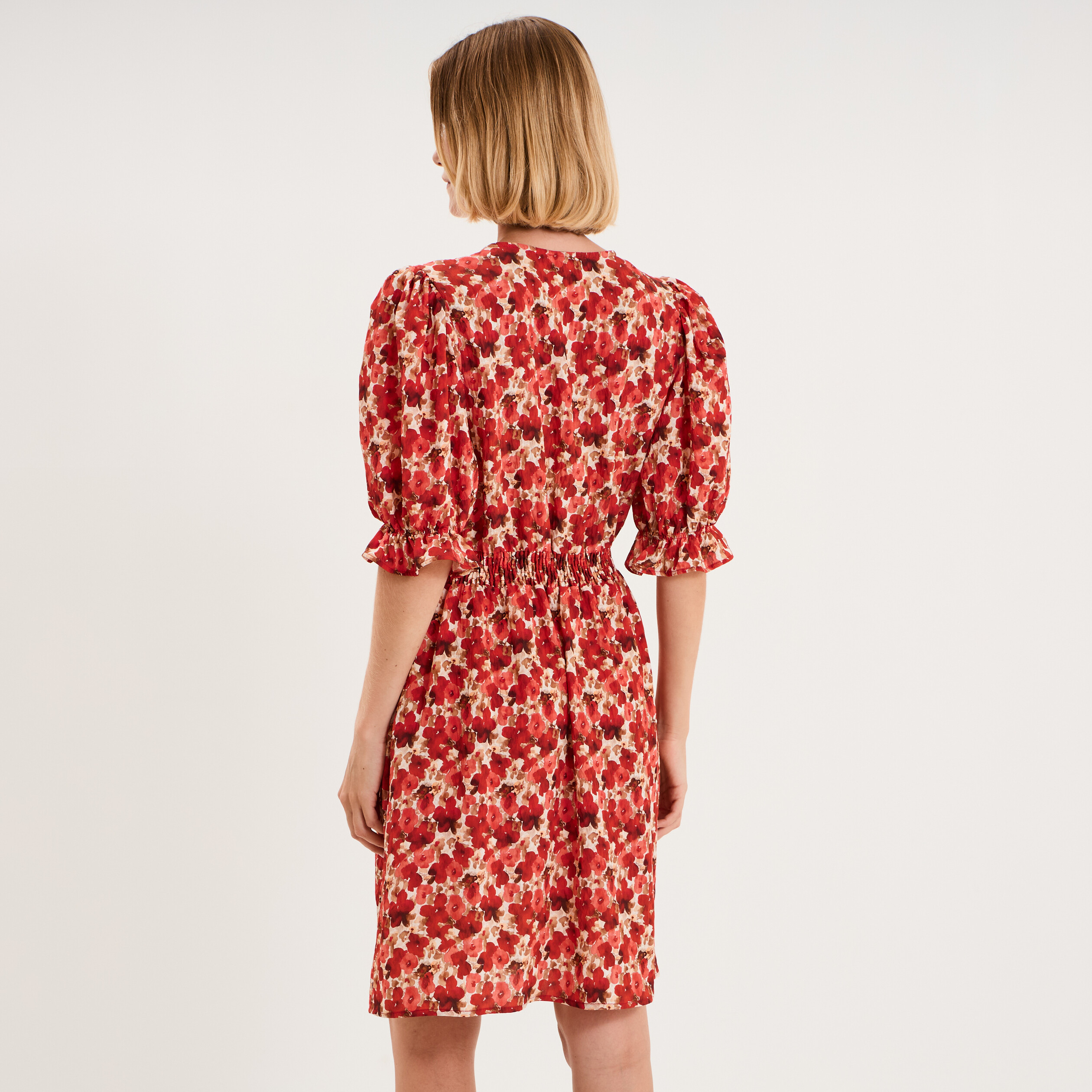 Robe smock&eacute;e manches ballon col V rouge coquelicot femme