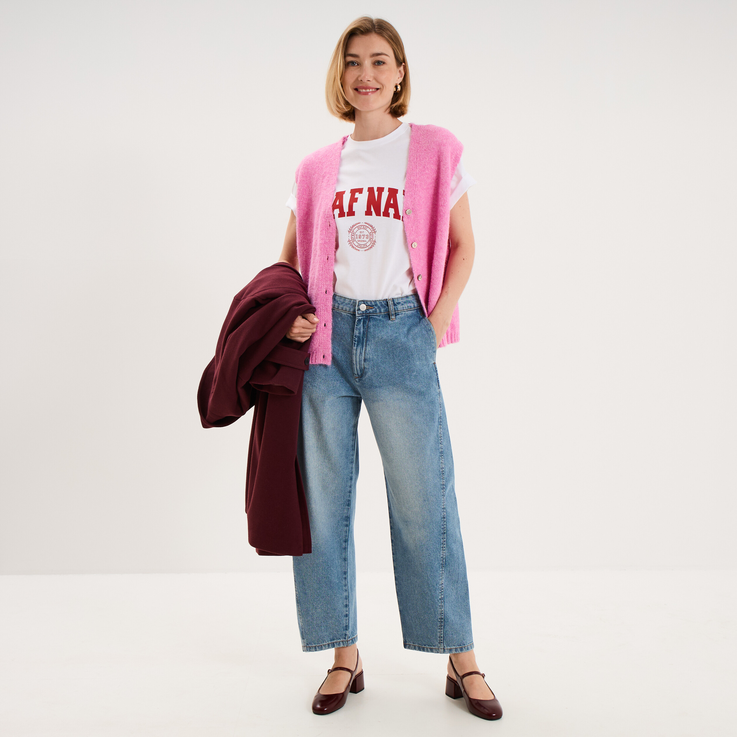 T-shirt col rond manches courtes print blanc femme