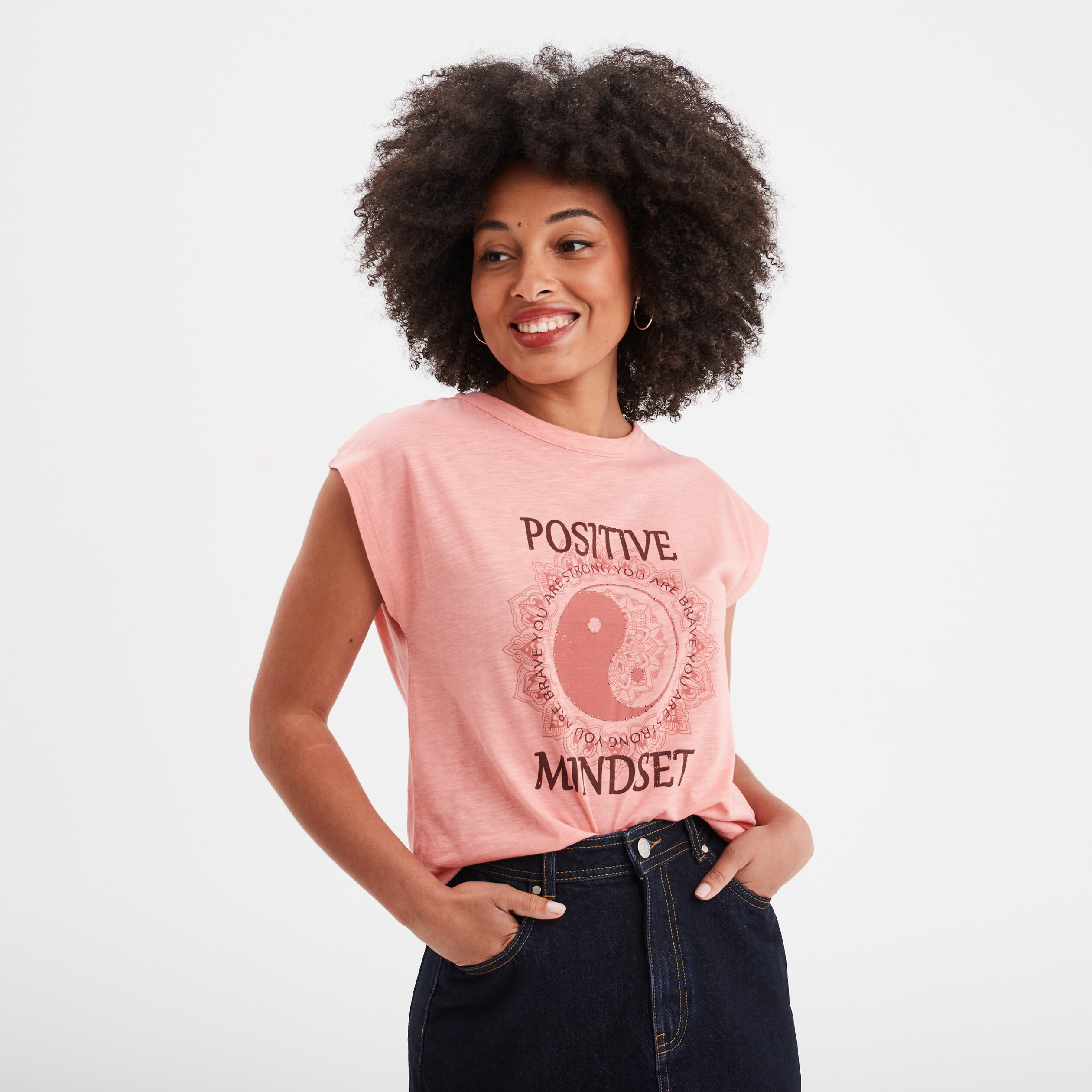 t shirt col rond manches courtes creeks rose corail femme T-shirt col rond manches courtes Creeks rose corail femme