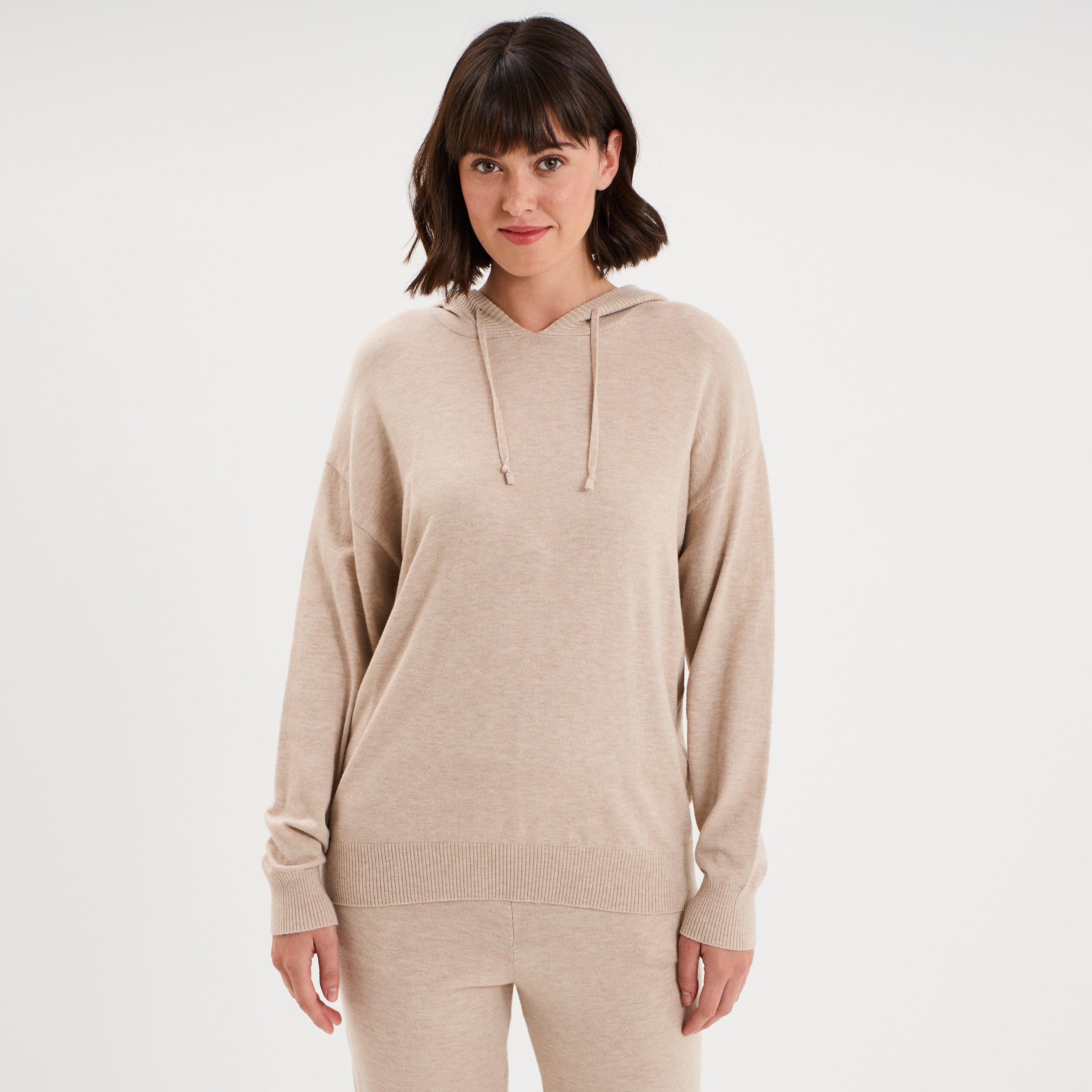 Haut de pyjama hoodie manches longues beige femme