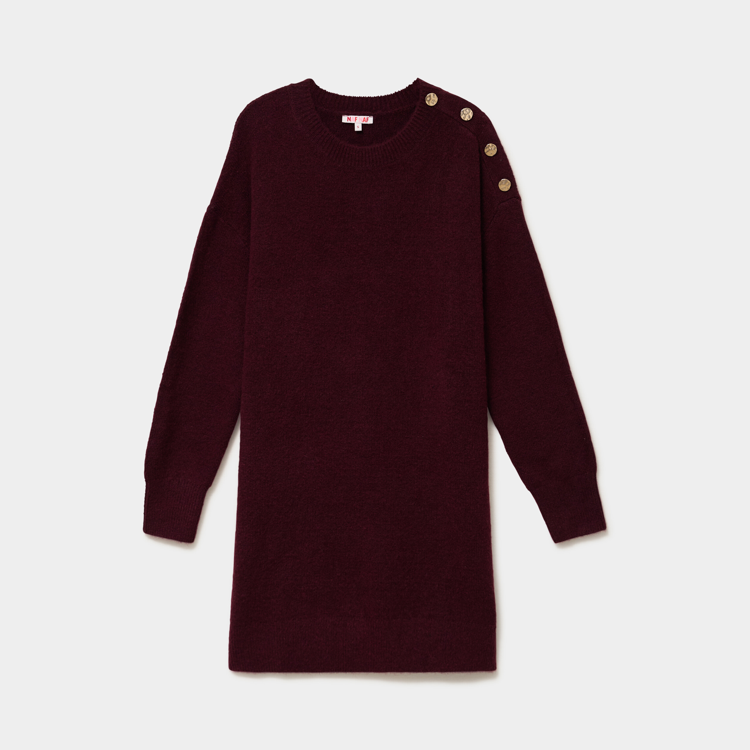 Robe pull longueur genou boutons &eacute;paule violet fonc&eacute; femme
