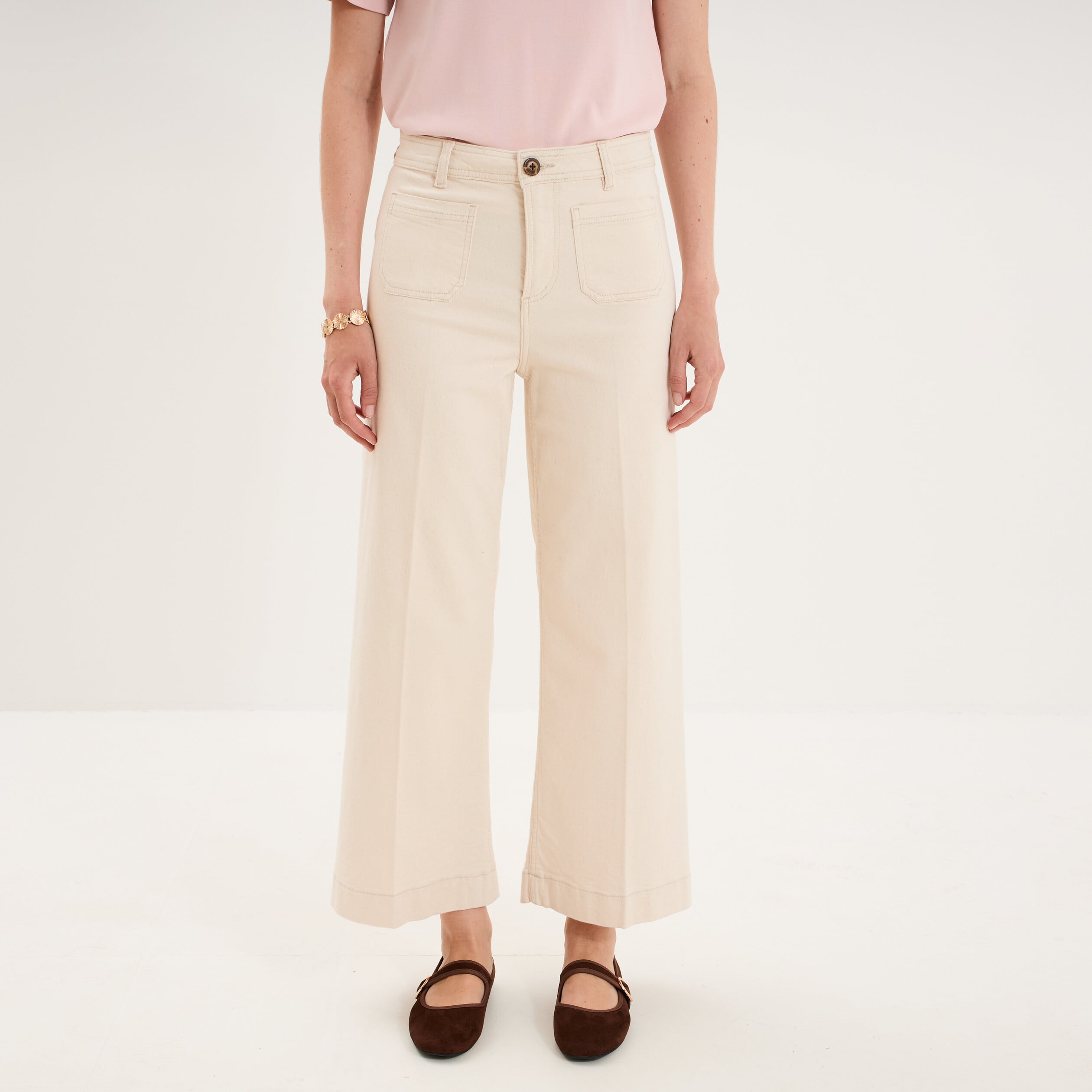 Pantalon large poche plaqu&eacute;e cropped ivoire femme
