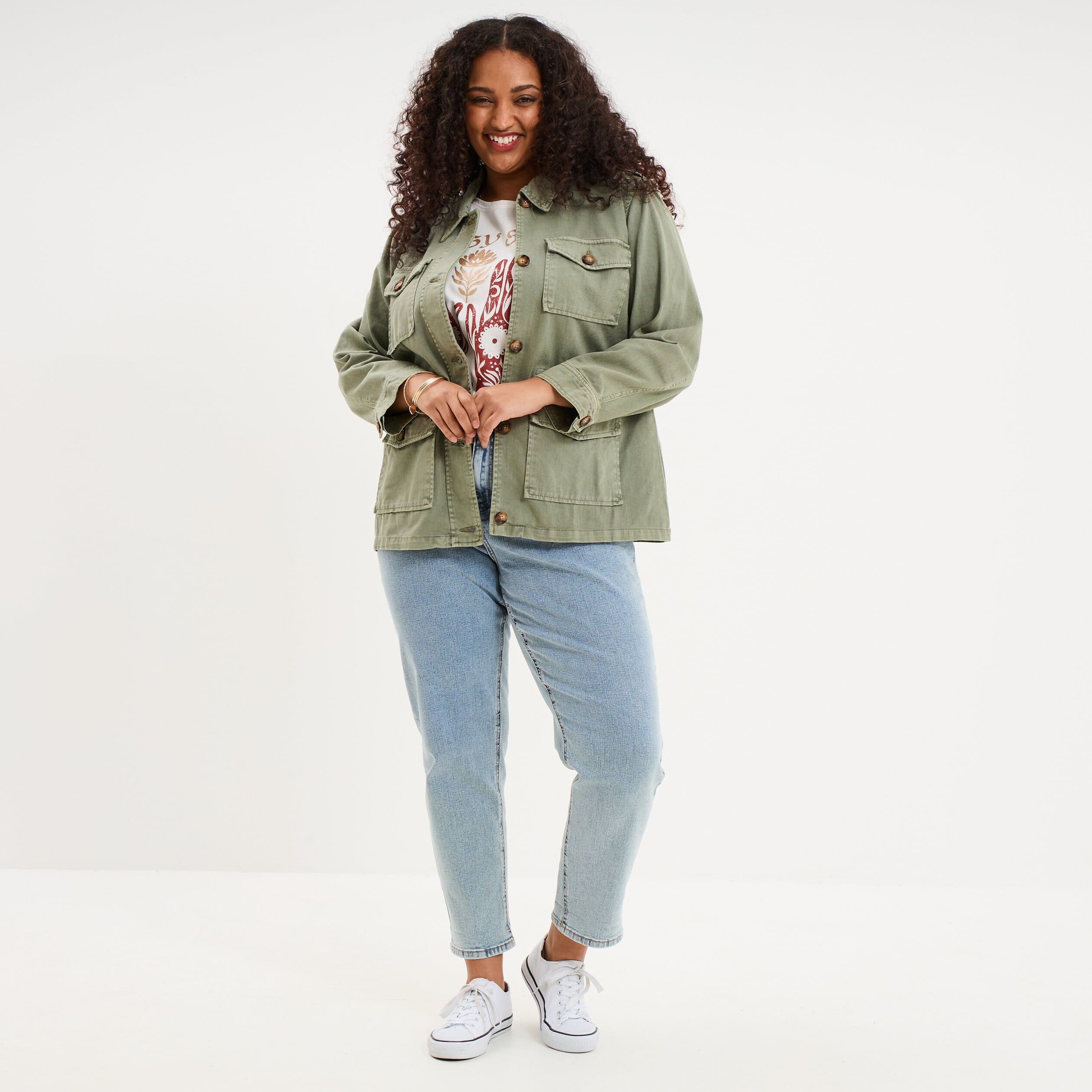 Veste boutonn&eacute;e poches &agrave; rabat vert kaki femme grande taille