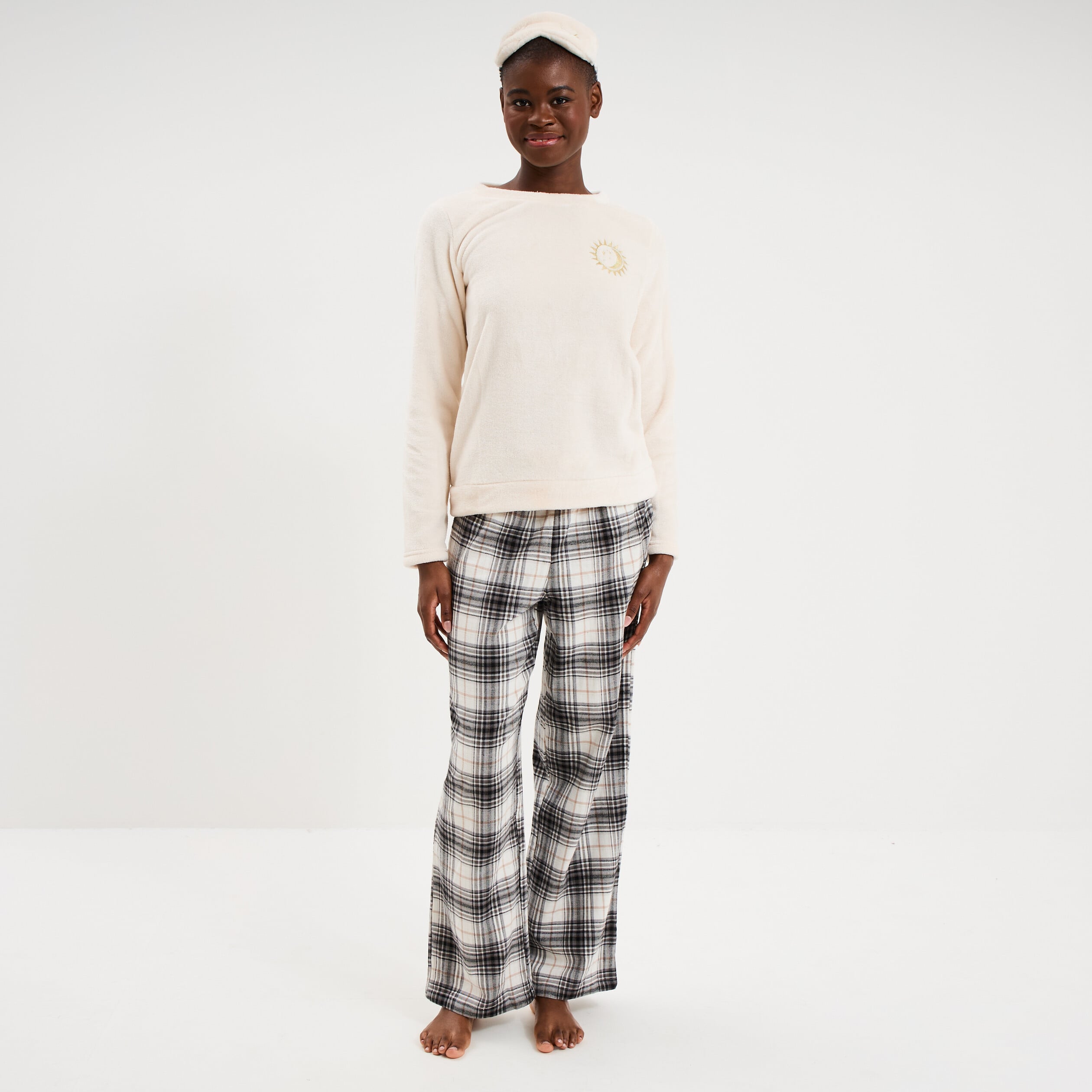 Ensemble pyjama effet polaire 3 pi&egrave;ces blanc femme