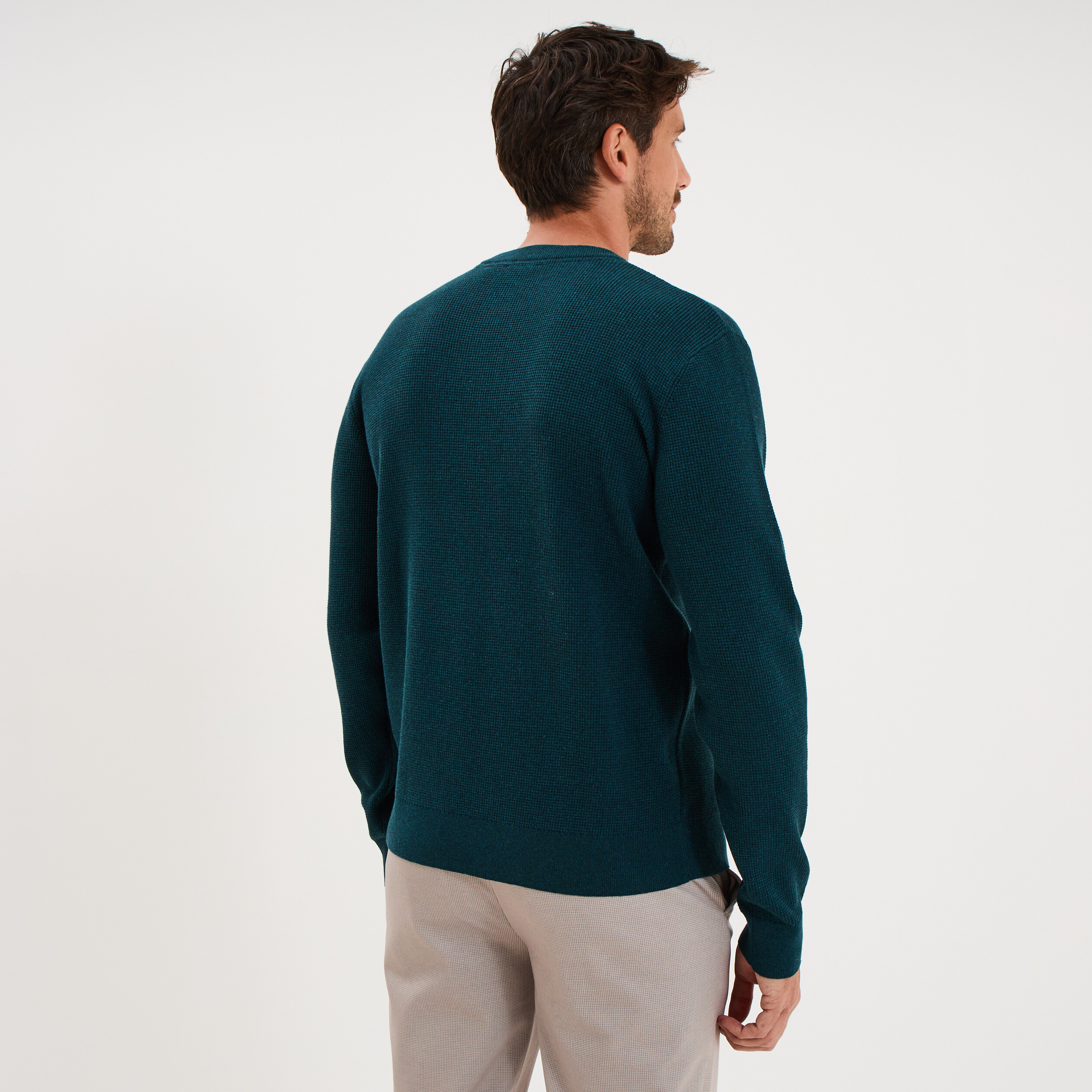Pull en maille textur&eacute;e col rond bleu canard homme