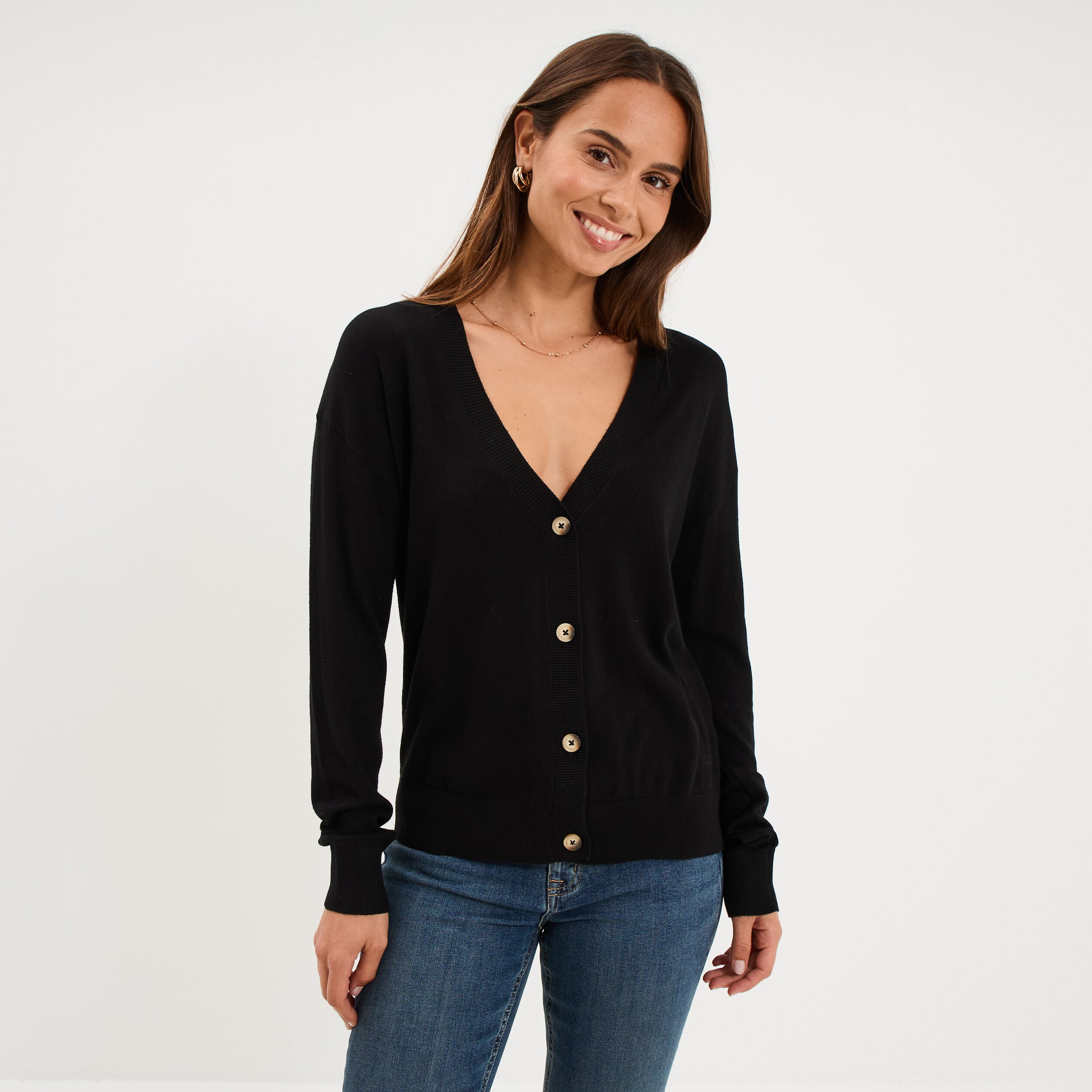 Gilet col en V boutonn&eacute; noir femme