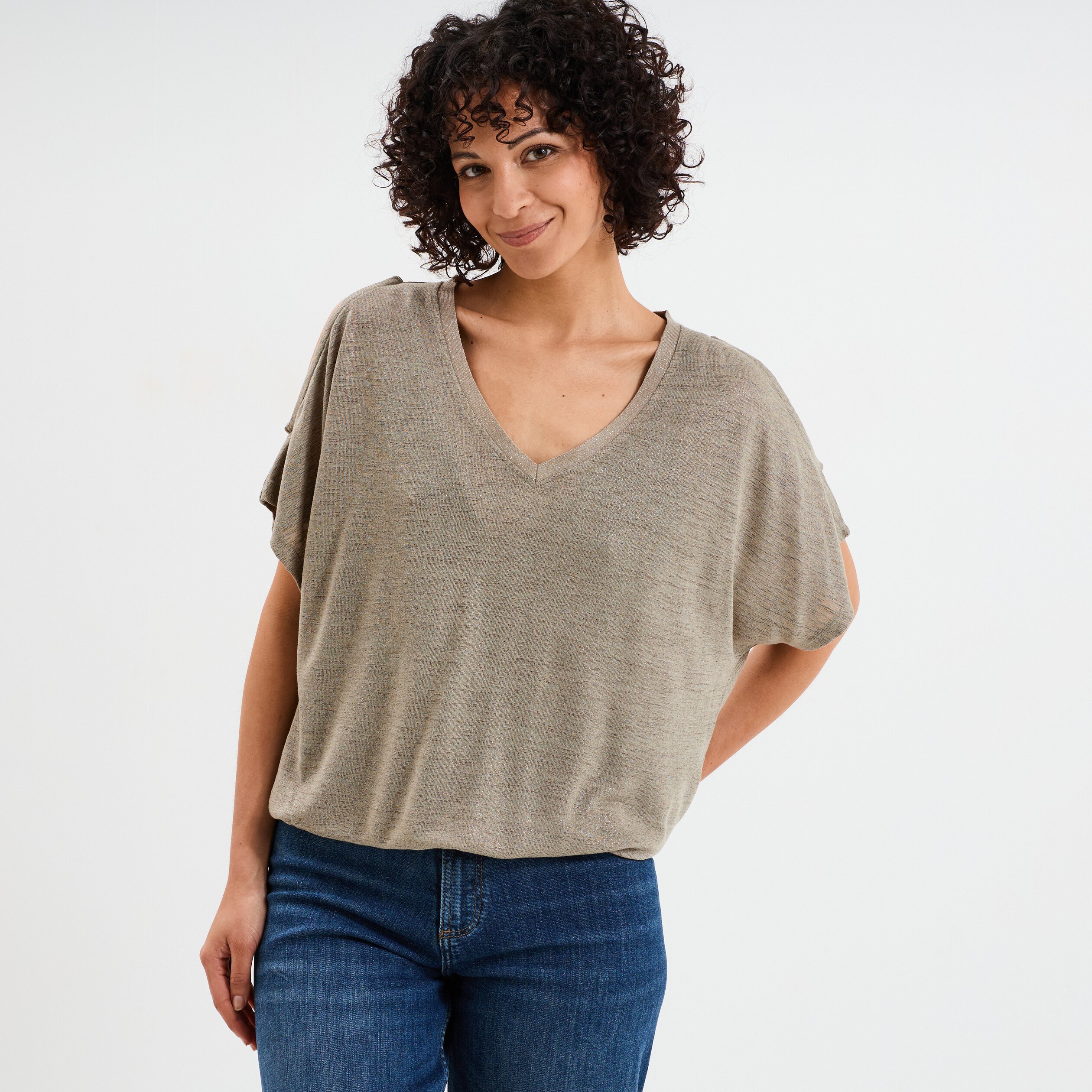 t shirt epaules ouvertes col en v vert kaki femme T-shirt épaules ouvertes col en V vert kaki femme