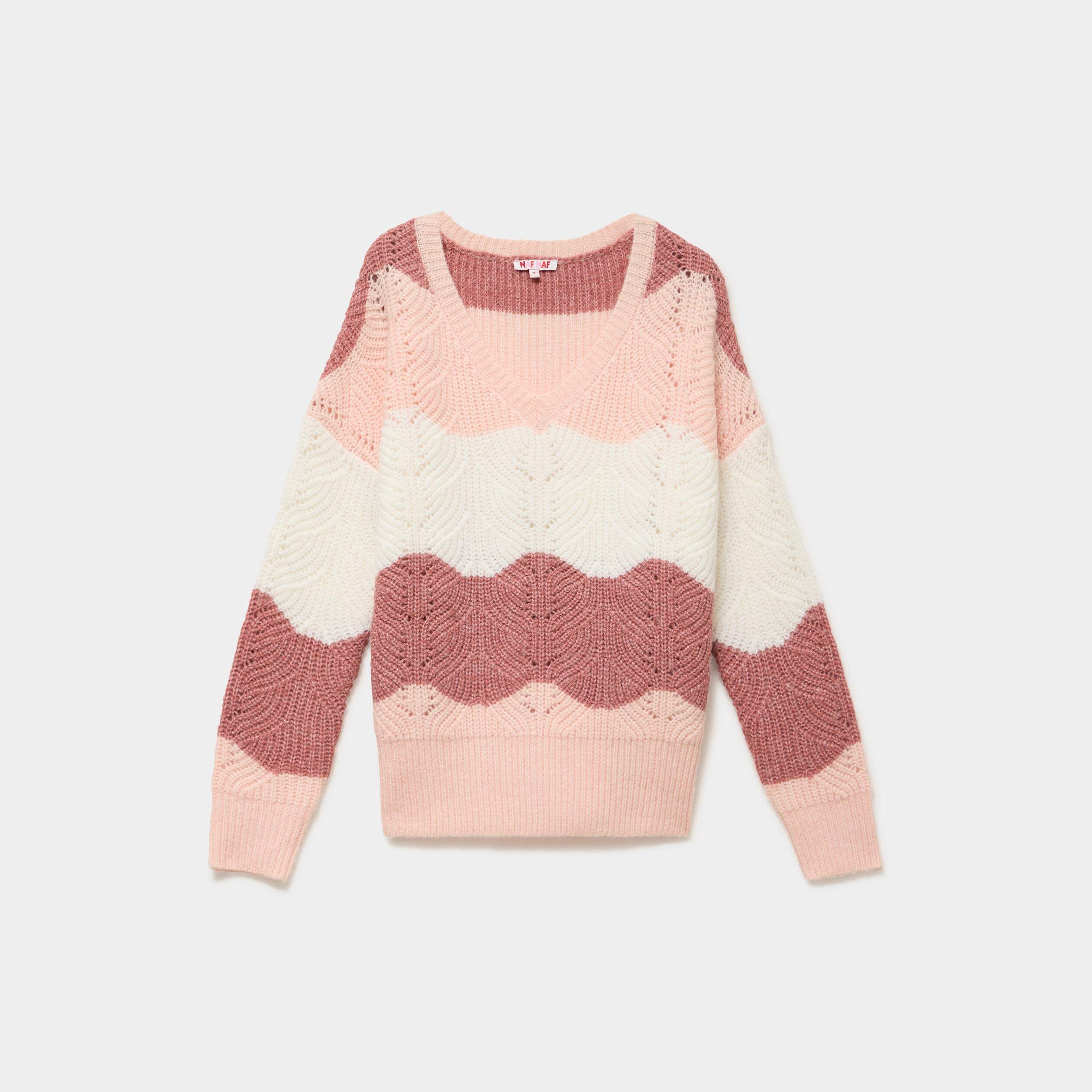 Pull col V ajour&eacute; manches longues rose clair femme