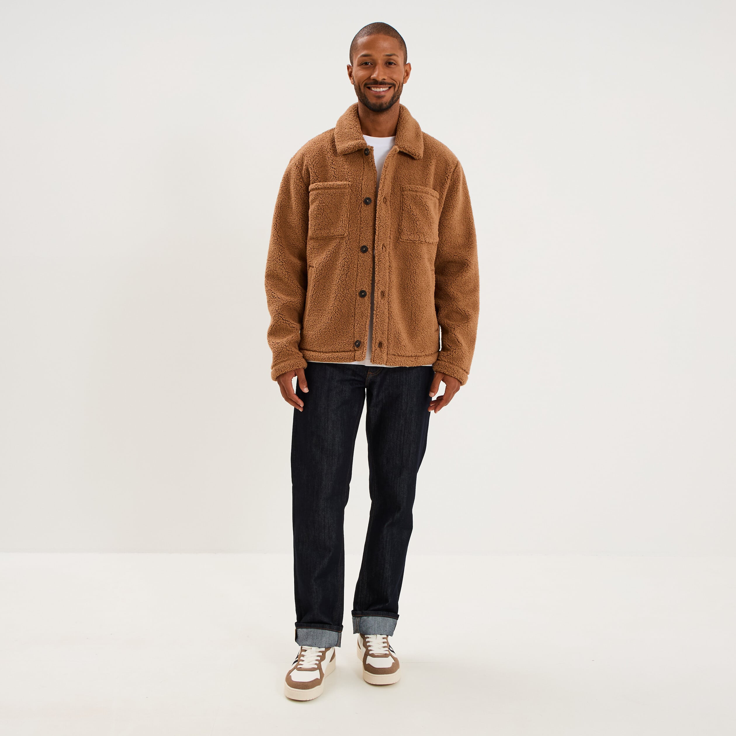 Veste sherpa polaire boutonn&eacute;e marron homme