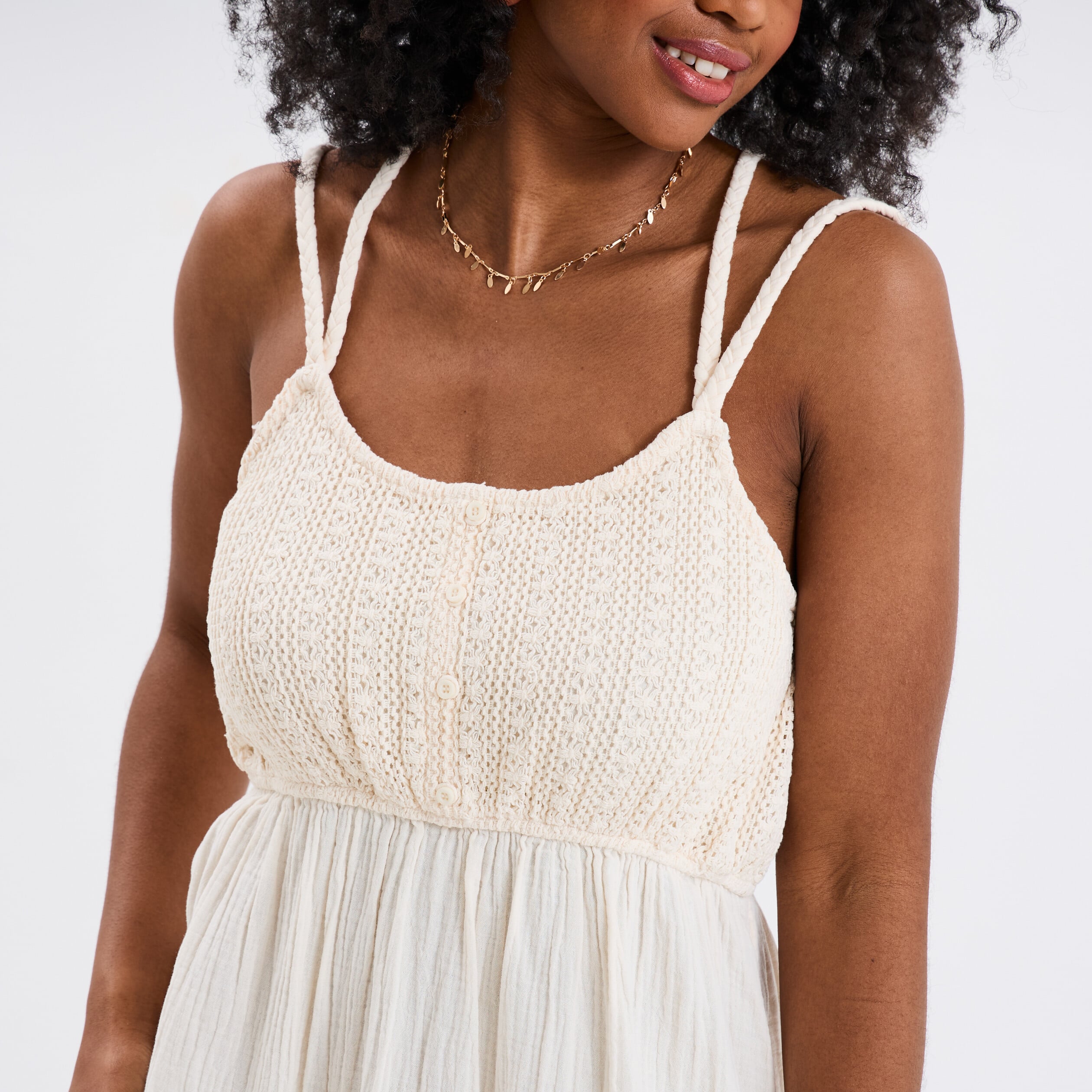 Robe longue buste macram&eacute; gaze de coton creme femme