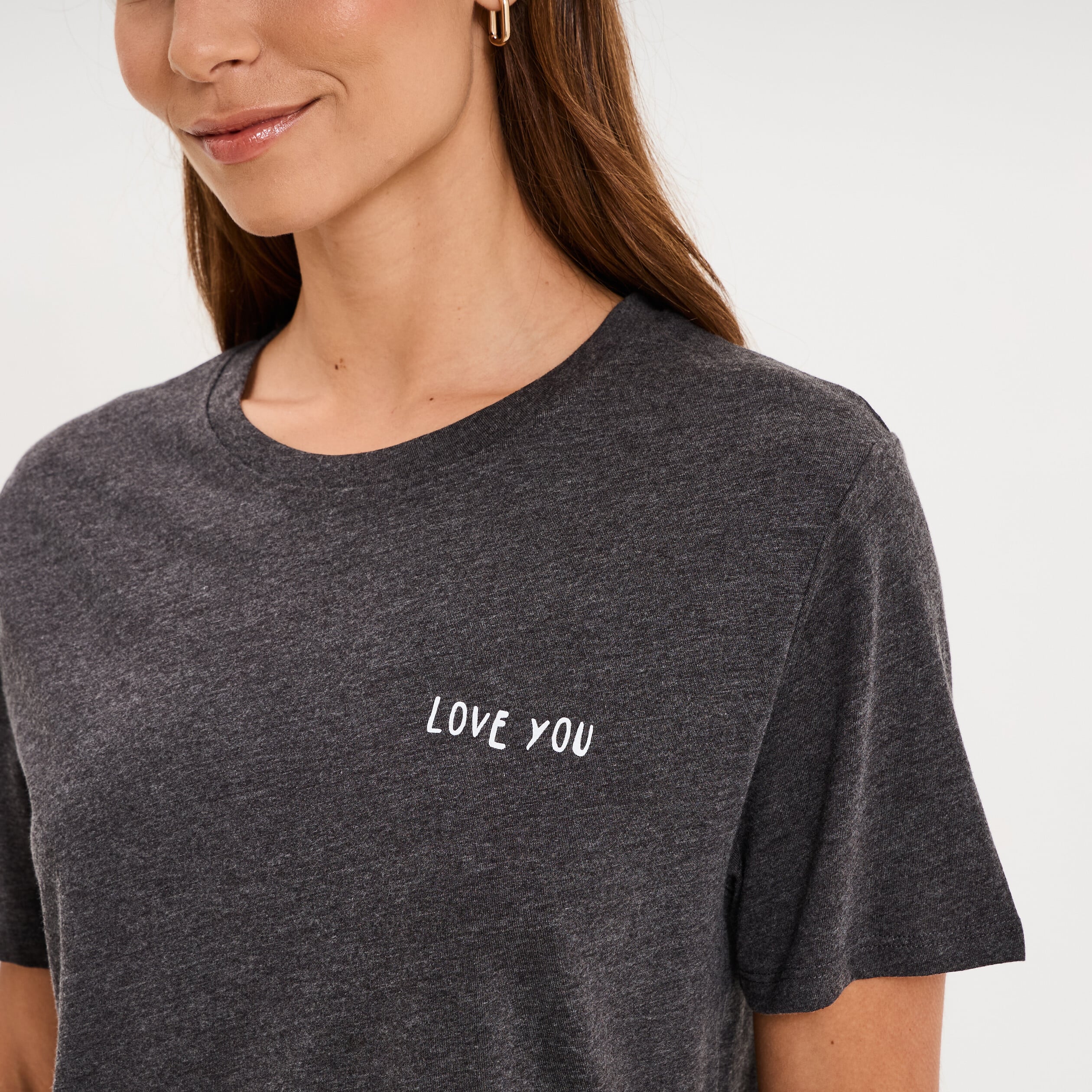 T-shirt col rond manches courtes coton gris fonc&eacute; femme