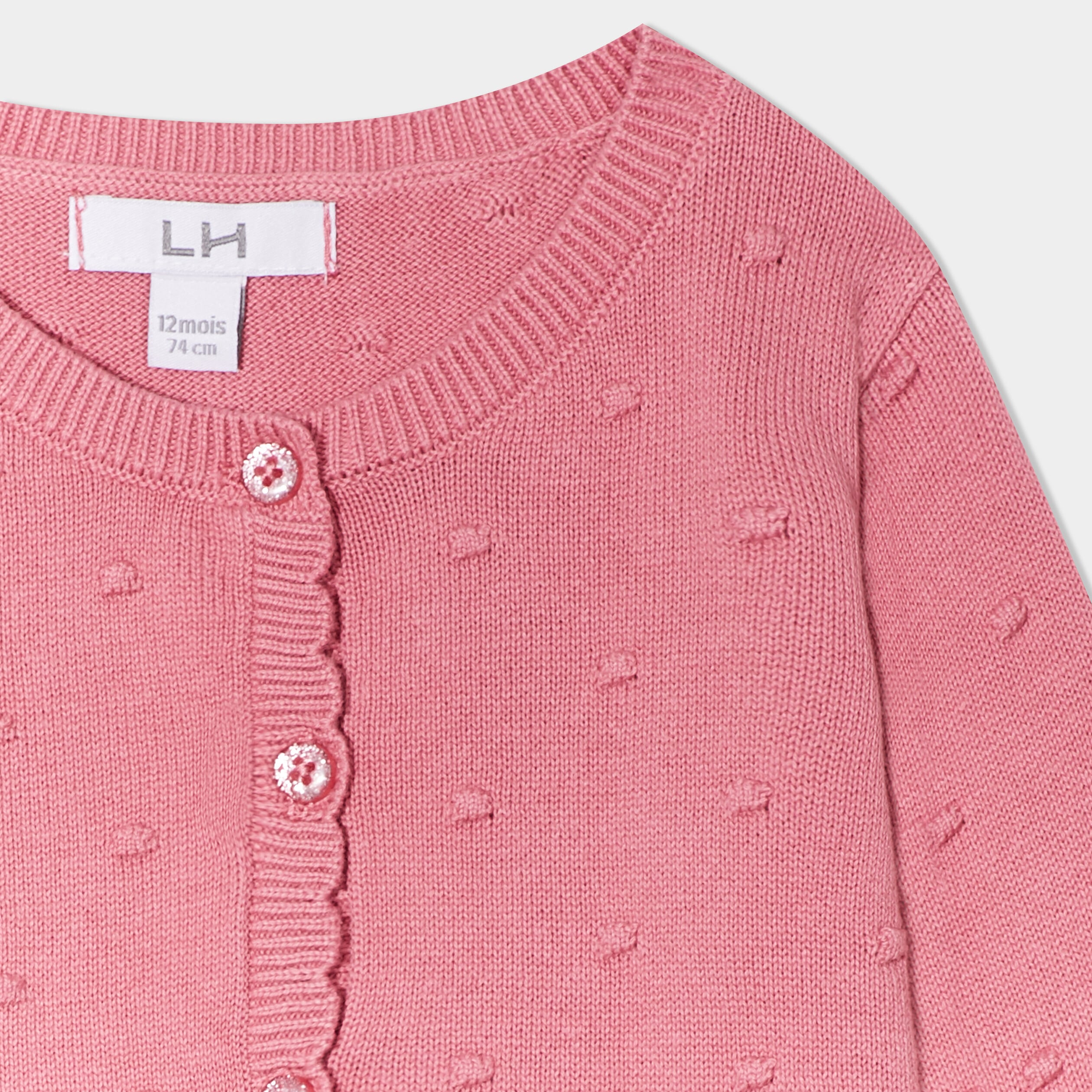Gilet boutonn&eacute; bord festonn&eacute; coton vieux rose b&eacute;b&eacute; fille
