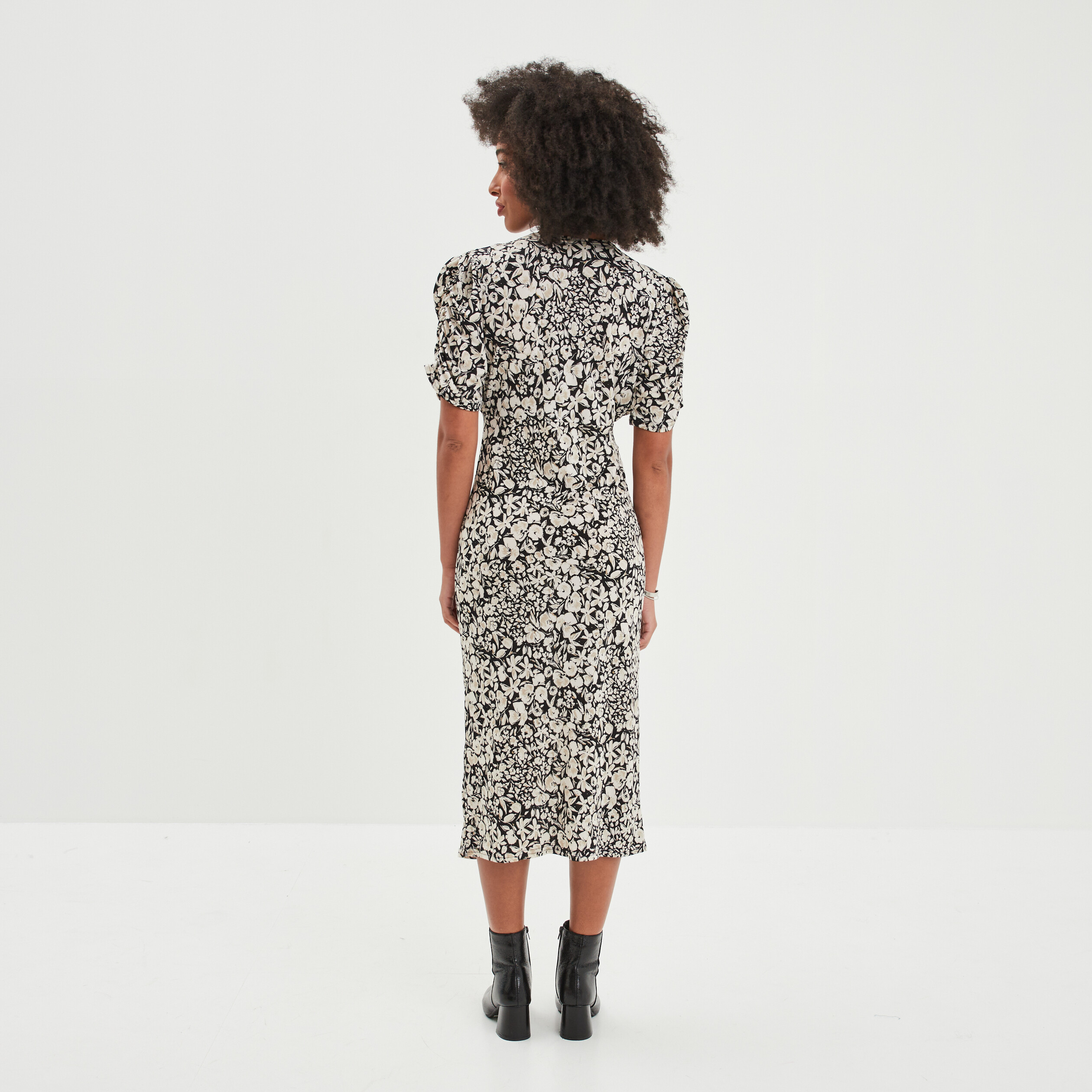 robe longue manches froncees col en v noir femme Robe longue manches froncées col en V noir femme