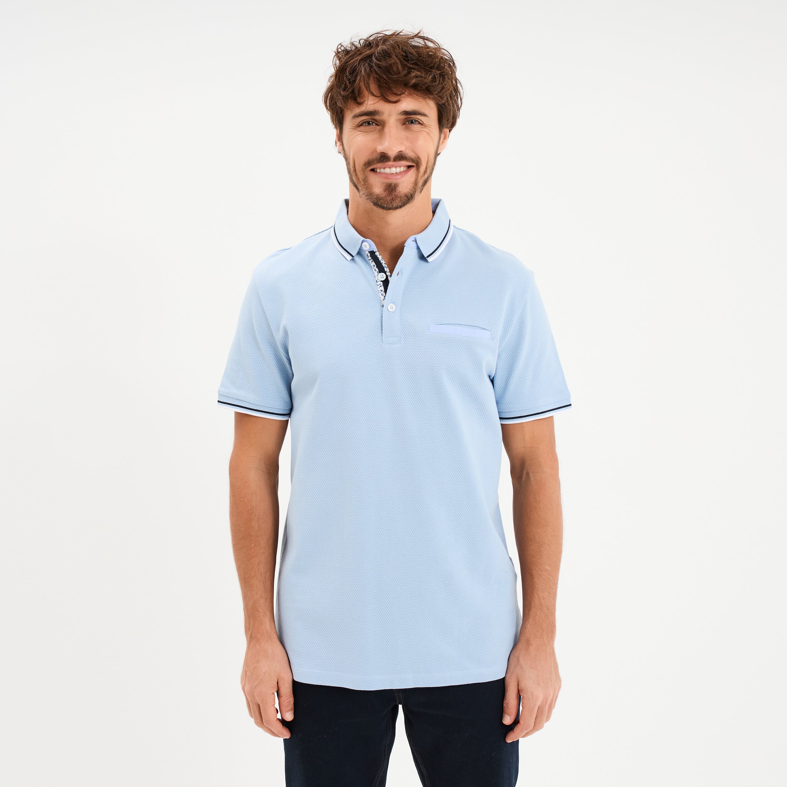 Polo piqu&eacute; manches courtes coton bleu ciel homme