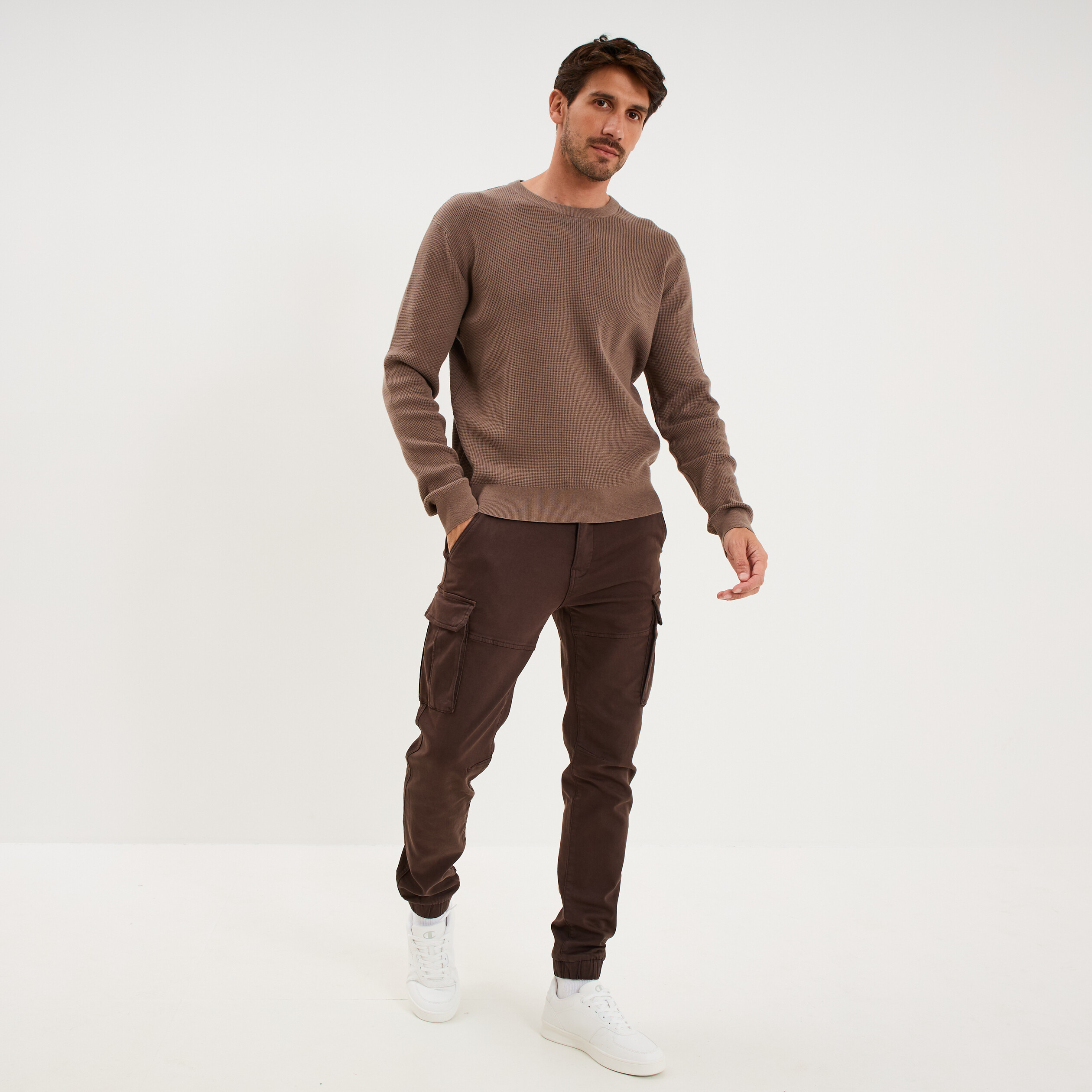 Pantalon cargo slim stretch marron fonc&eacute; homme
