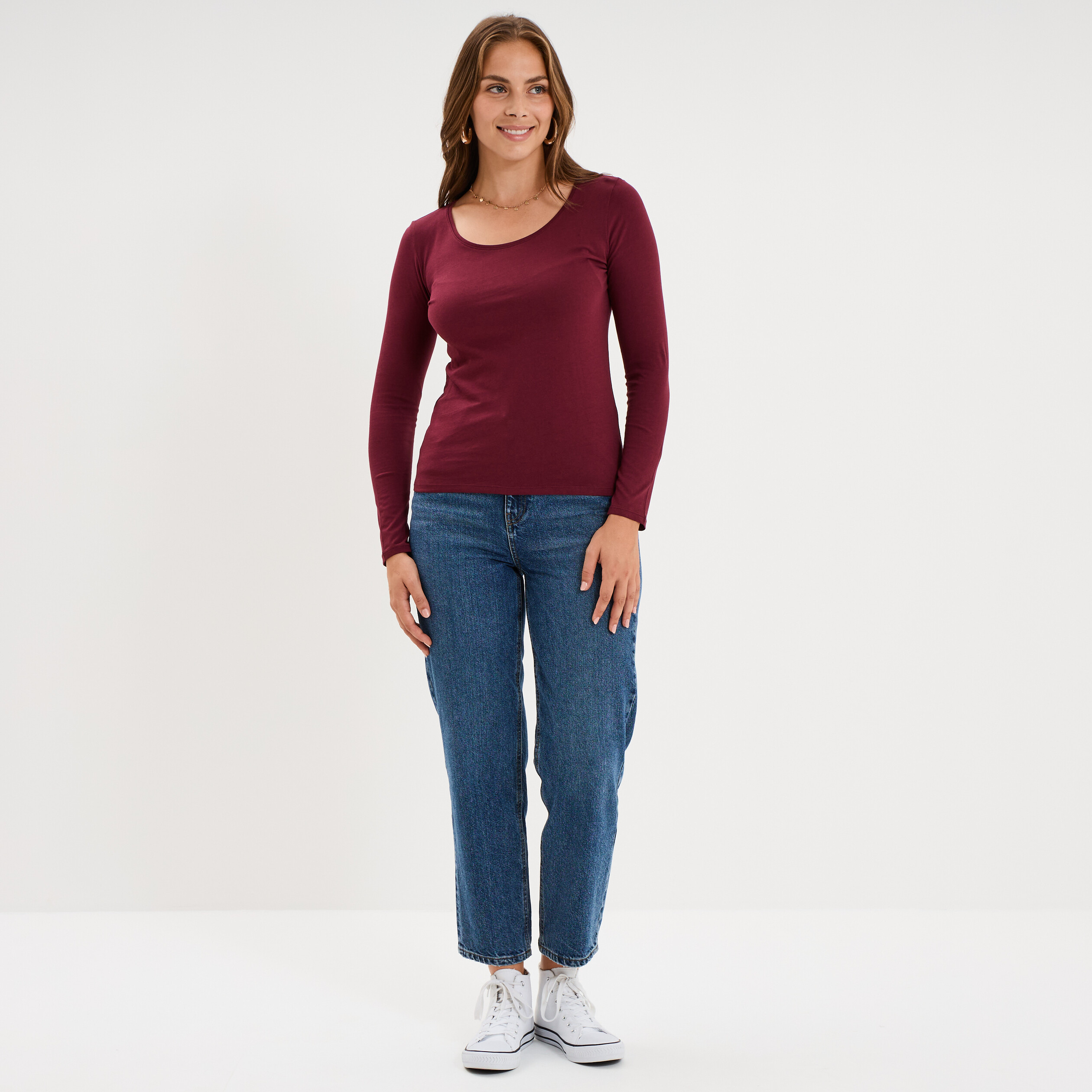 T-shirt coton col rond manches longues bordeaux femme