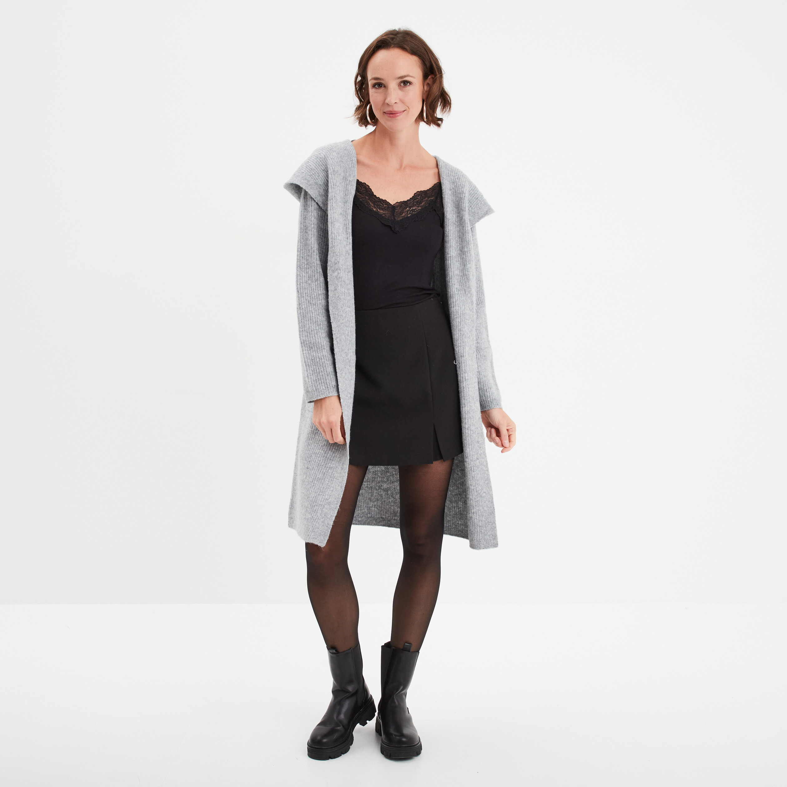 Gilet long à capuche manches longues gris femme
