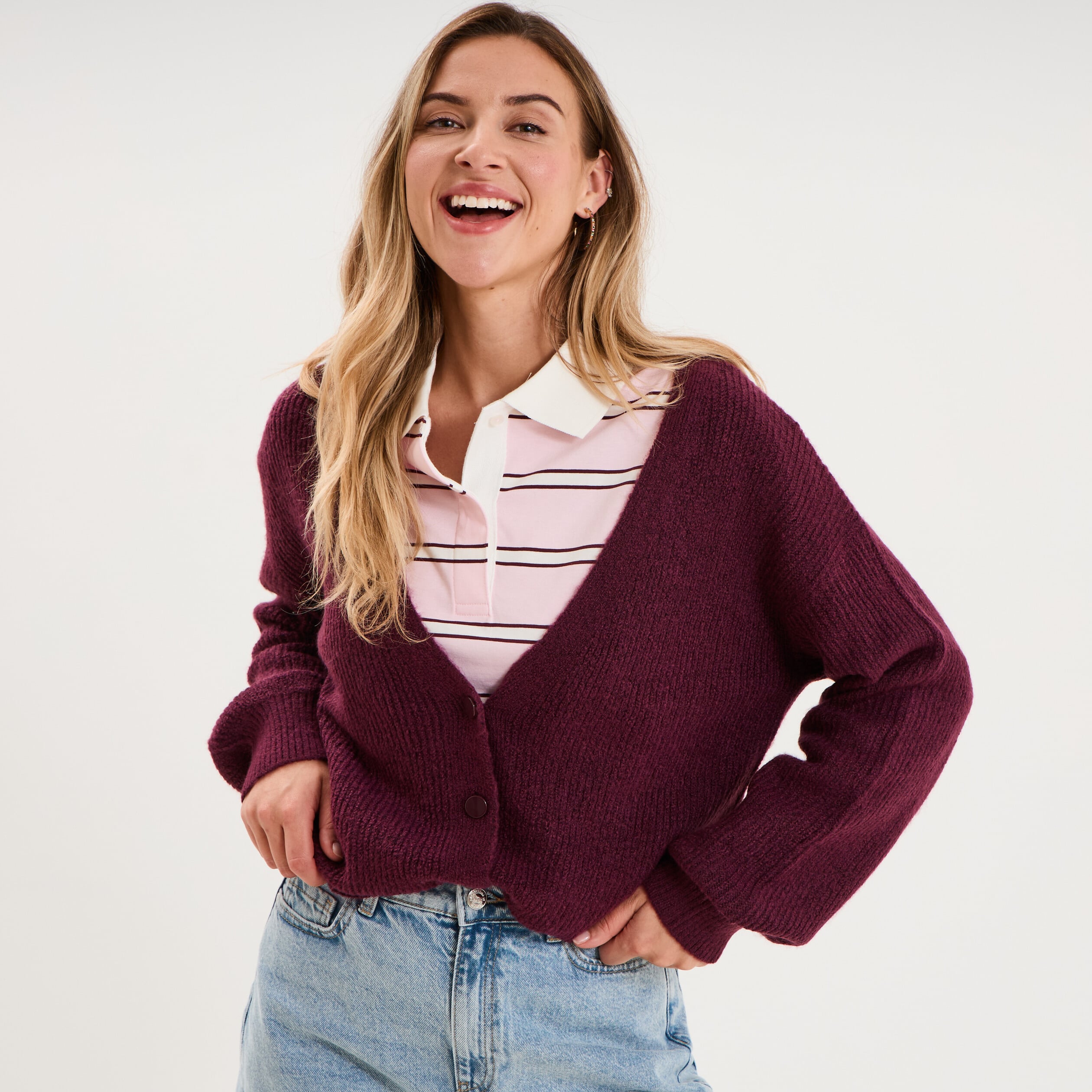 Gilet col en V manches longues ballon prune femme