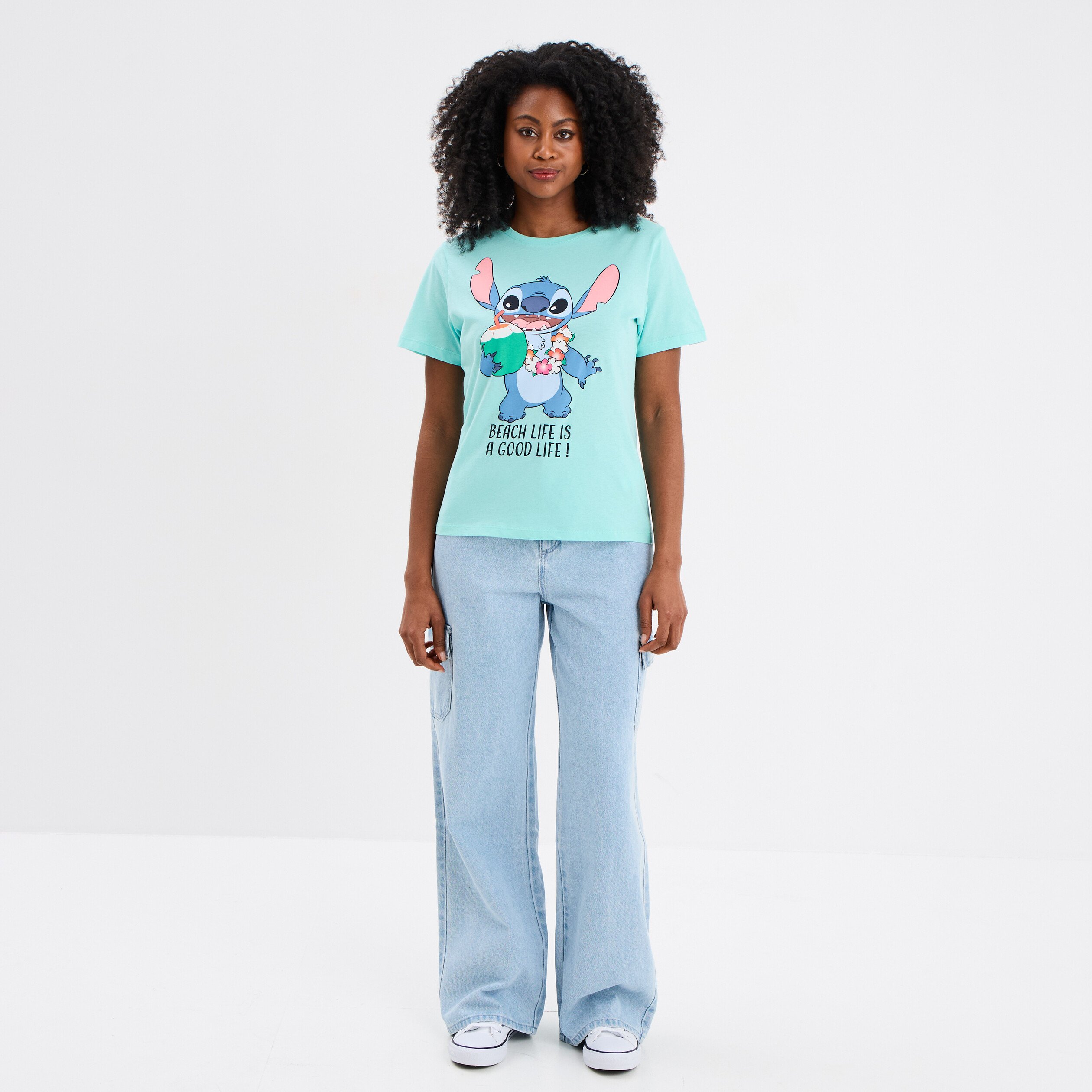 t shirt col rond manches courtes stitch vert turquoise femme T-shirt col rond manches courtes Stitch vert turquoise femme