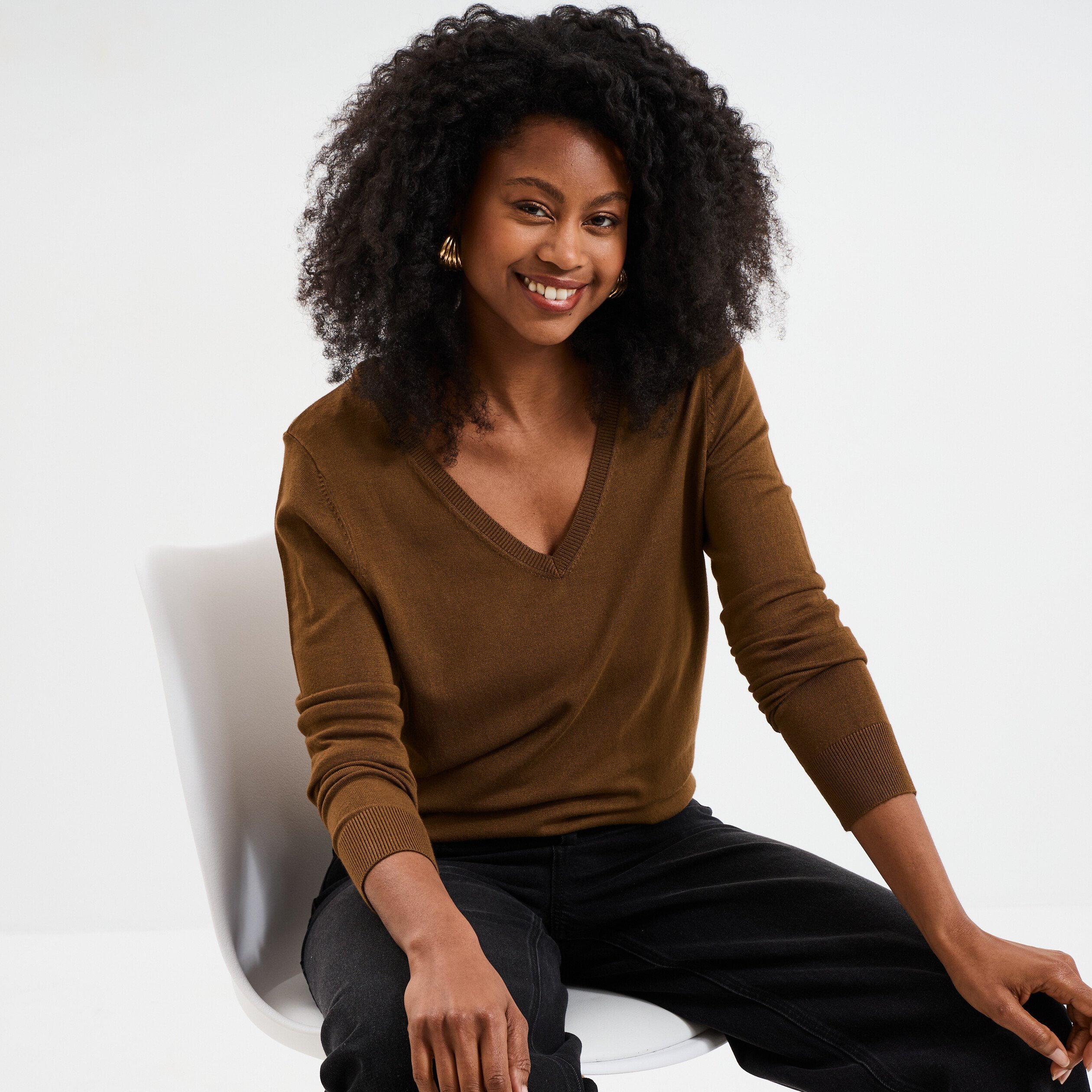 pull col en v manches longues taupe femme Pull col en V manches longues taupe femme