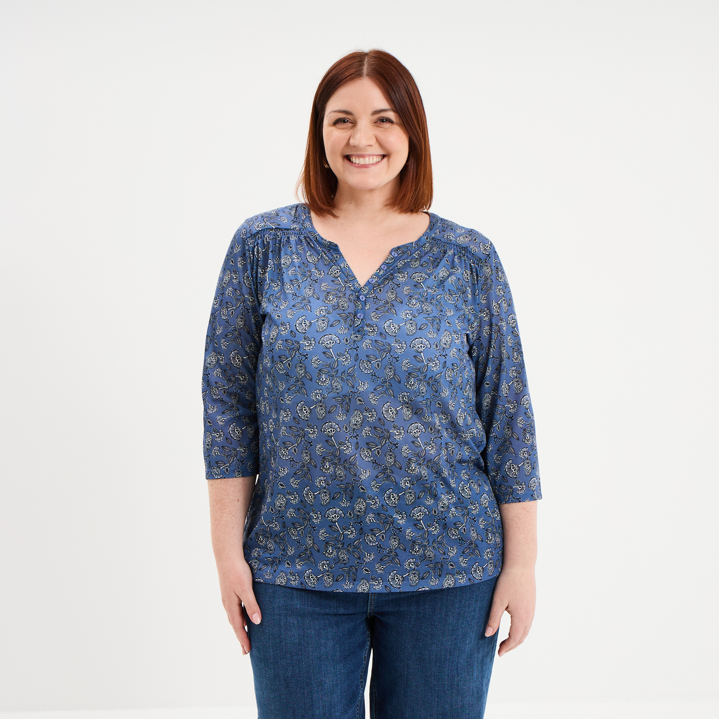 T-shirt col tunisien manches 3/4 bleu gris femme grande taille