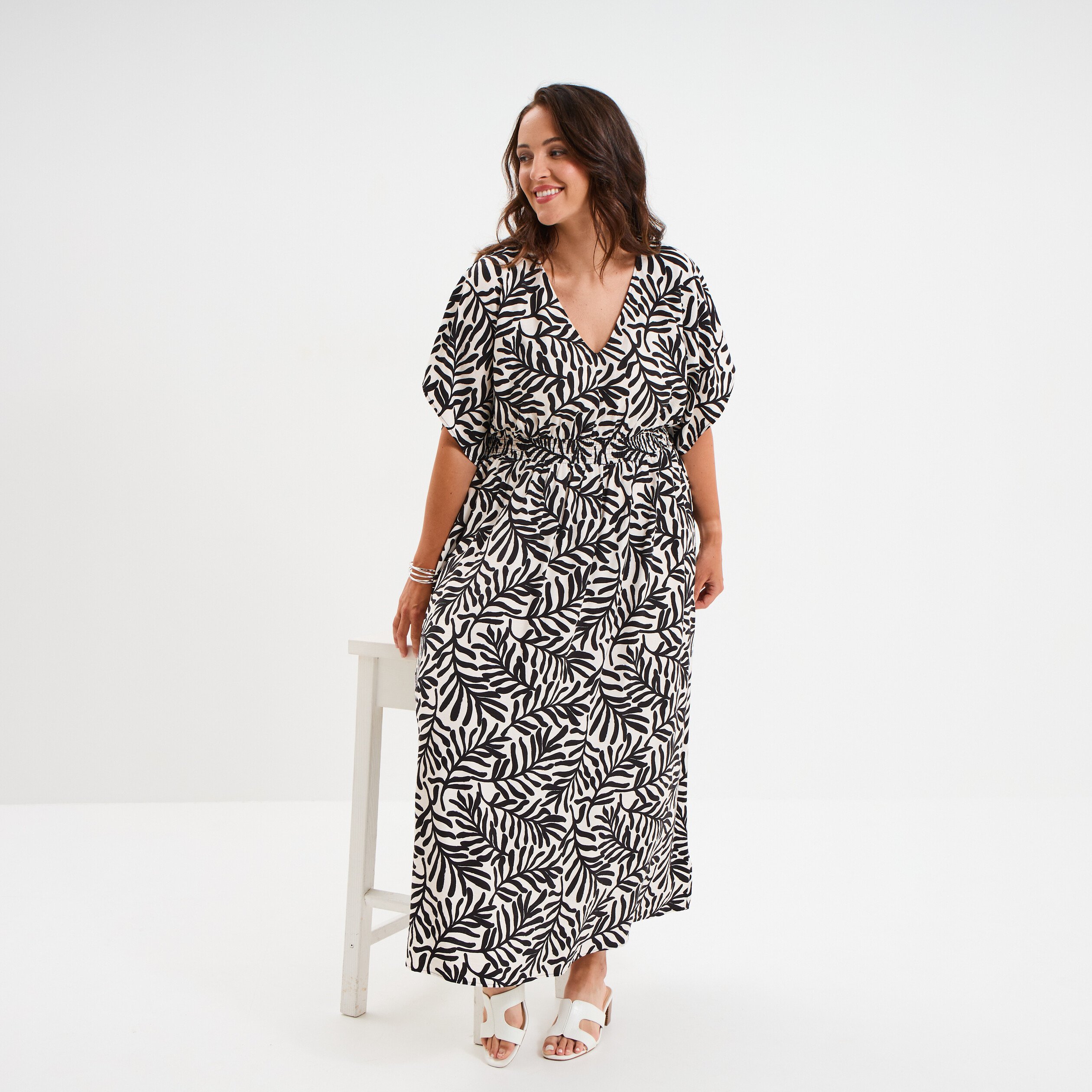Robe longue fluide manches 3/4 blanc femme grande taille