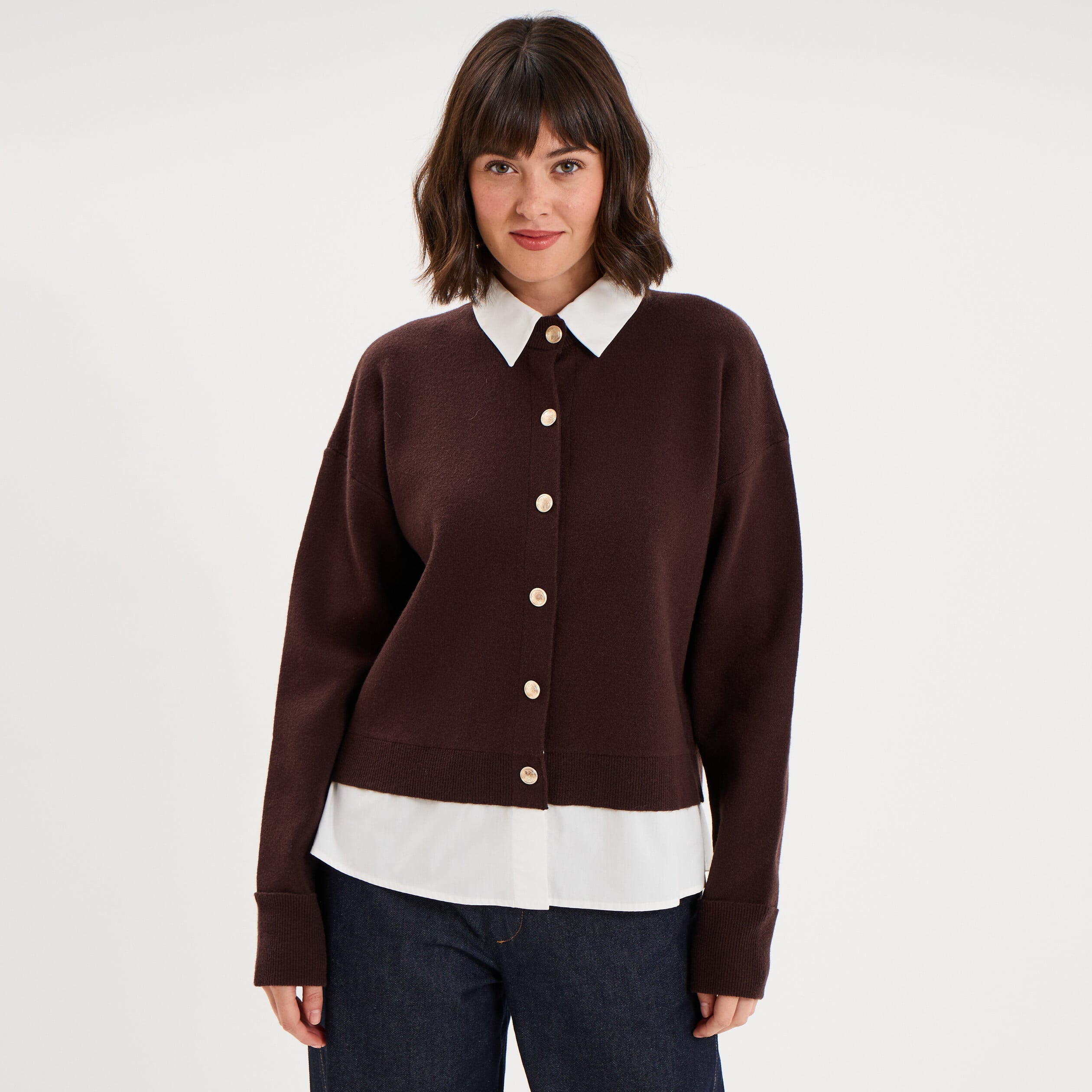Gilet effet 2-en-1 col chemise marron fonc&eacute; femme