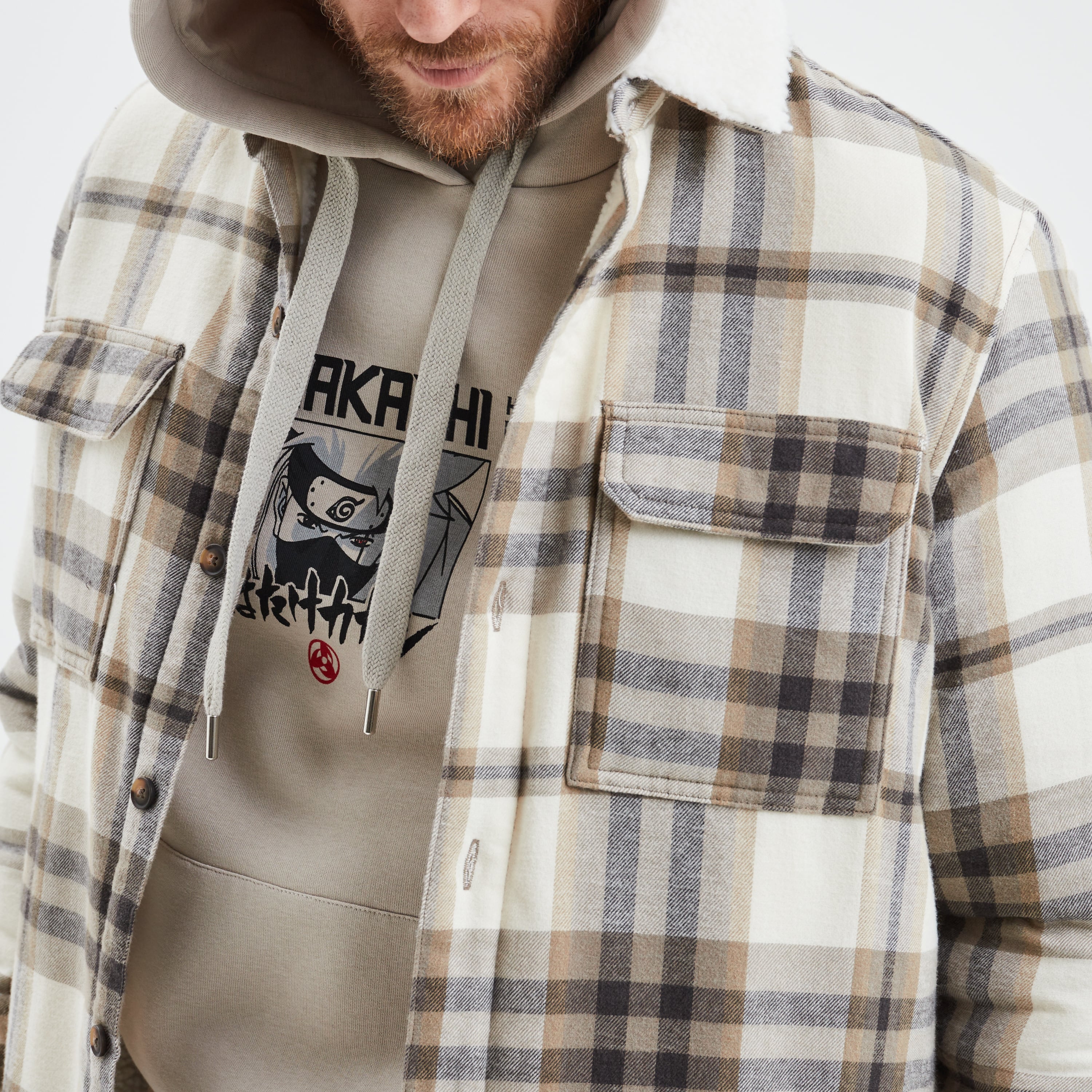 Surchemise carreaux doubl&eacute;e effet sherpa beige homme