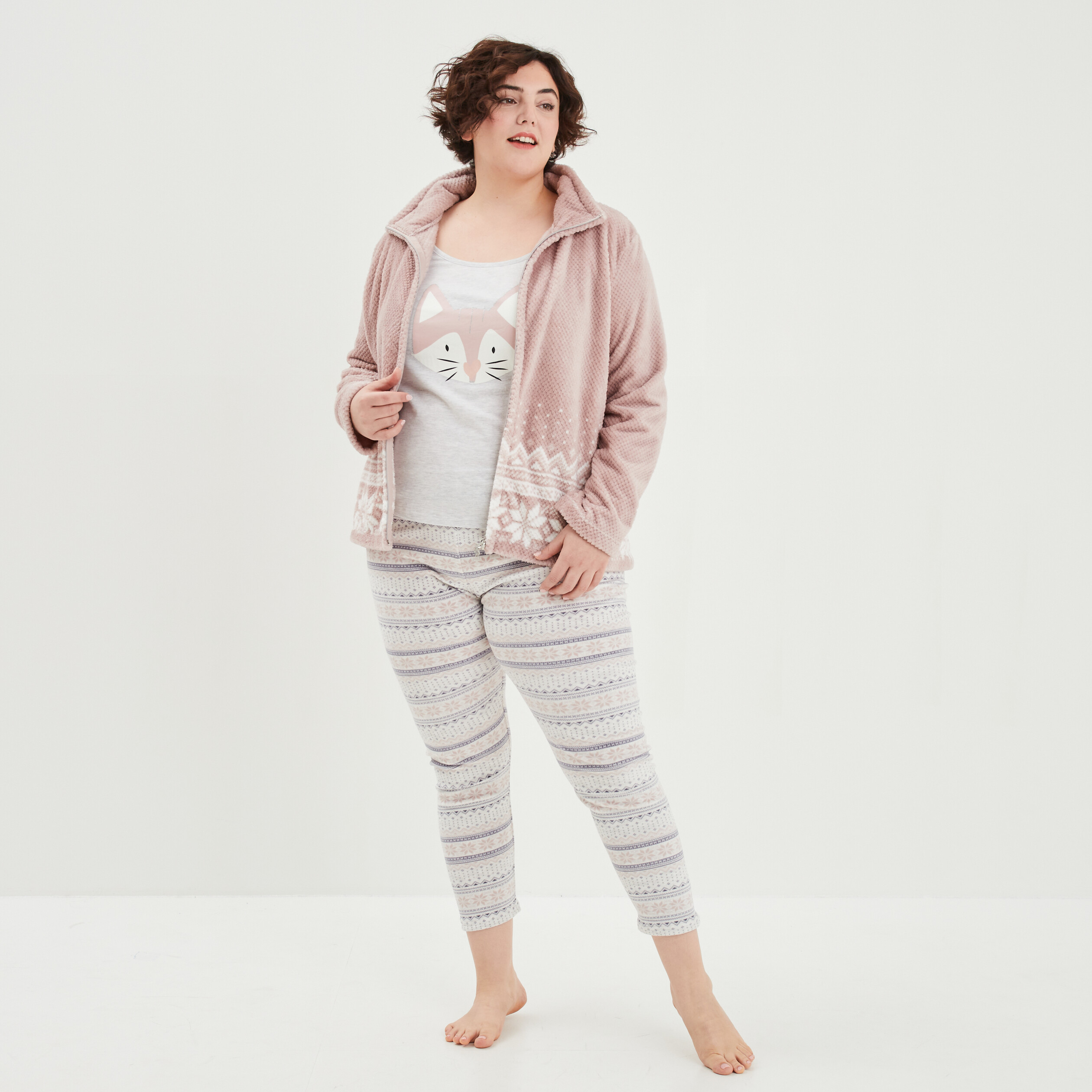 Ensemble pyjama 3 pièces gilet pilou rose pastel femme grande taille