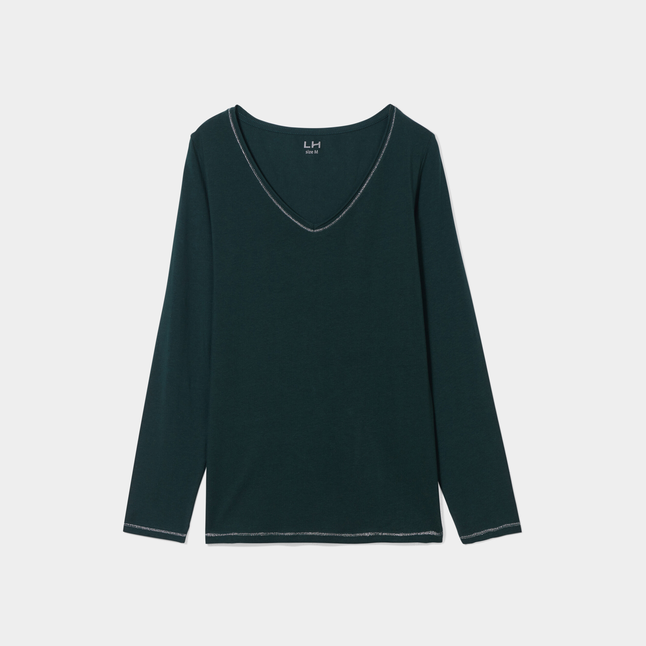 T-shirt manches longues col en V coton vert foncé femme