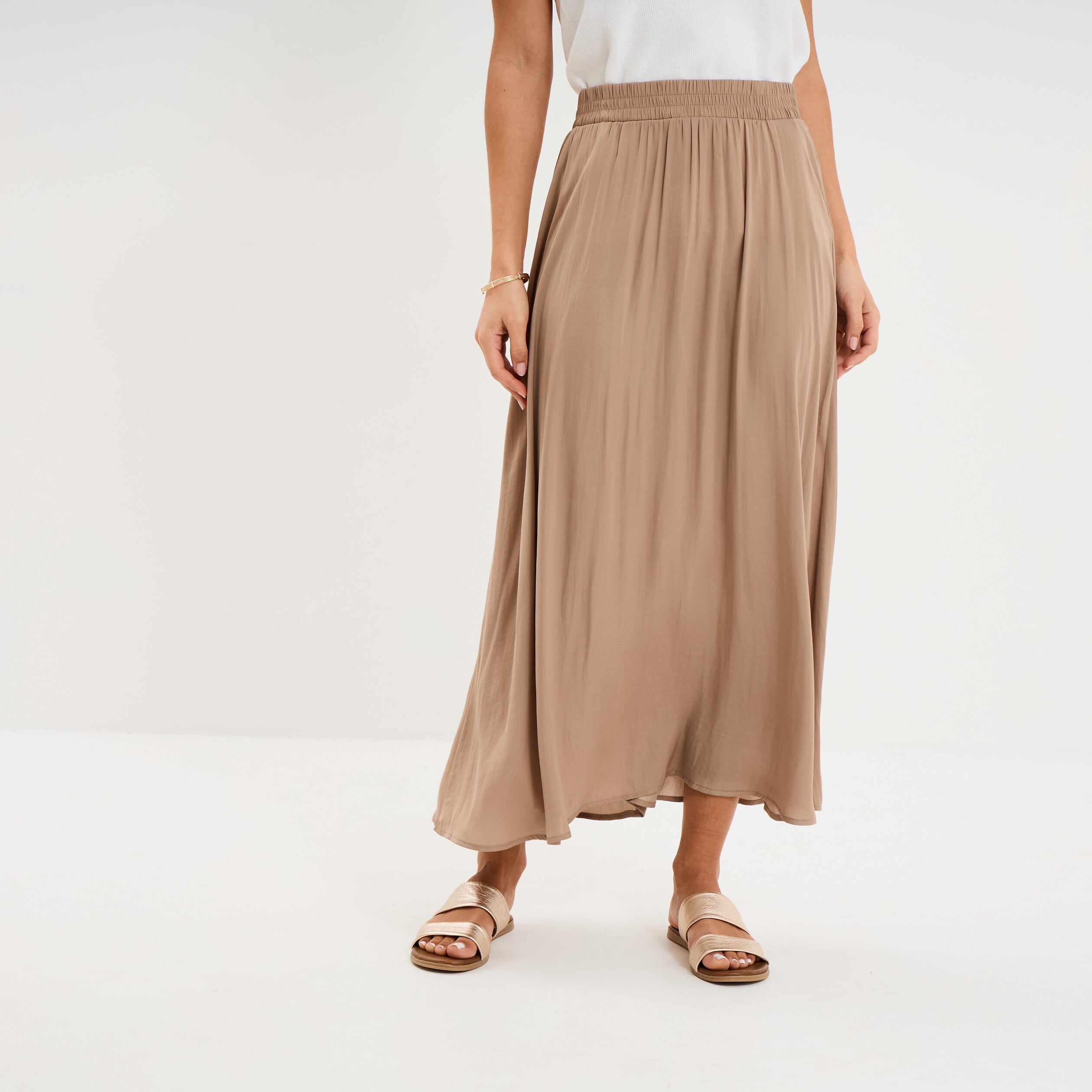 Jupe longue effet satin marron femme
