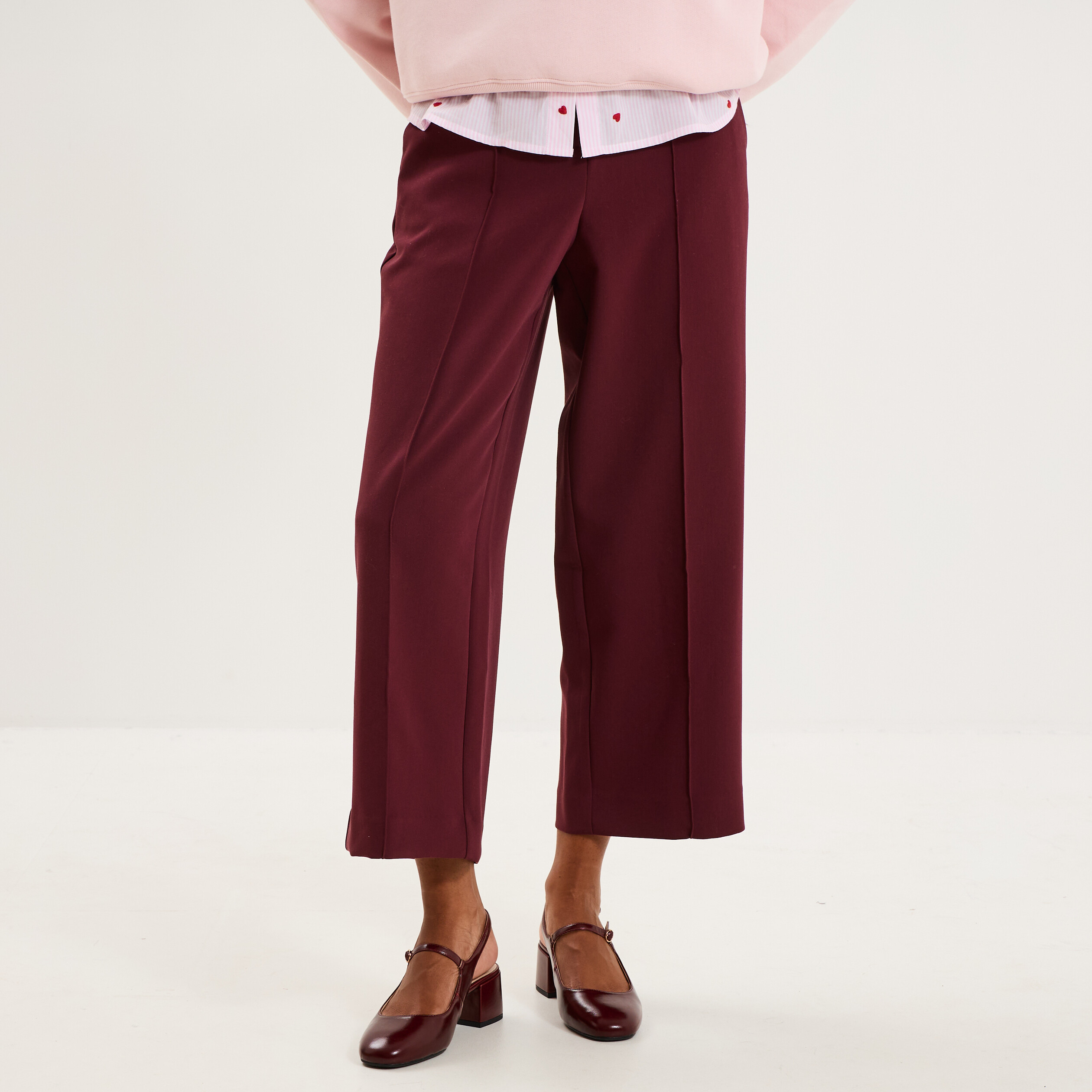 Pantalon droit 7/8&egrave;me &agrave; pinces violet fonc&eacute; femme