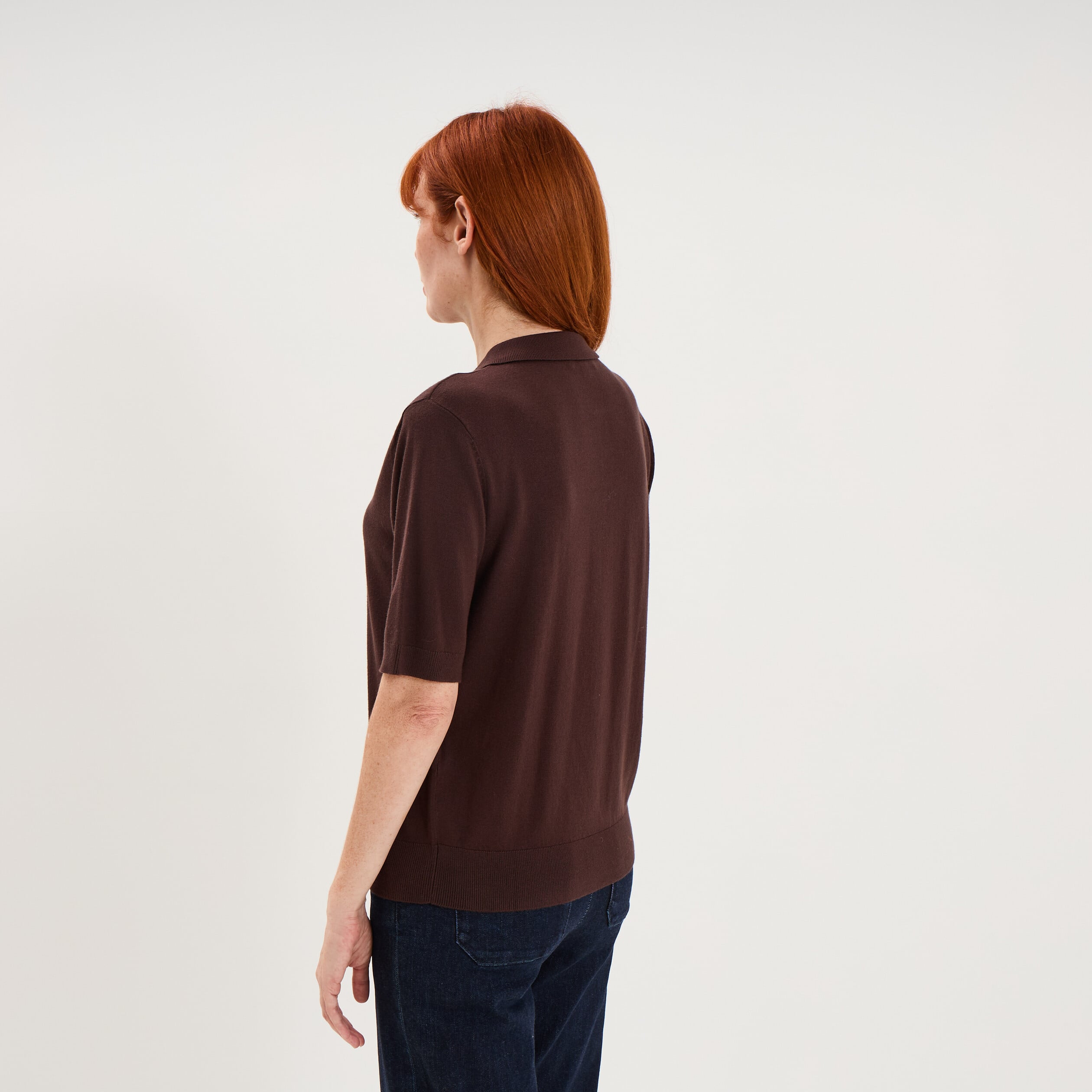 Pull col polo manches courtes marron fonc&eacute; femme