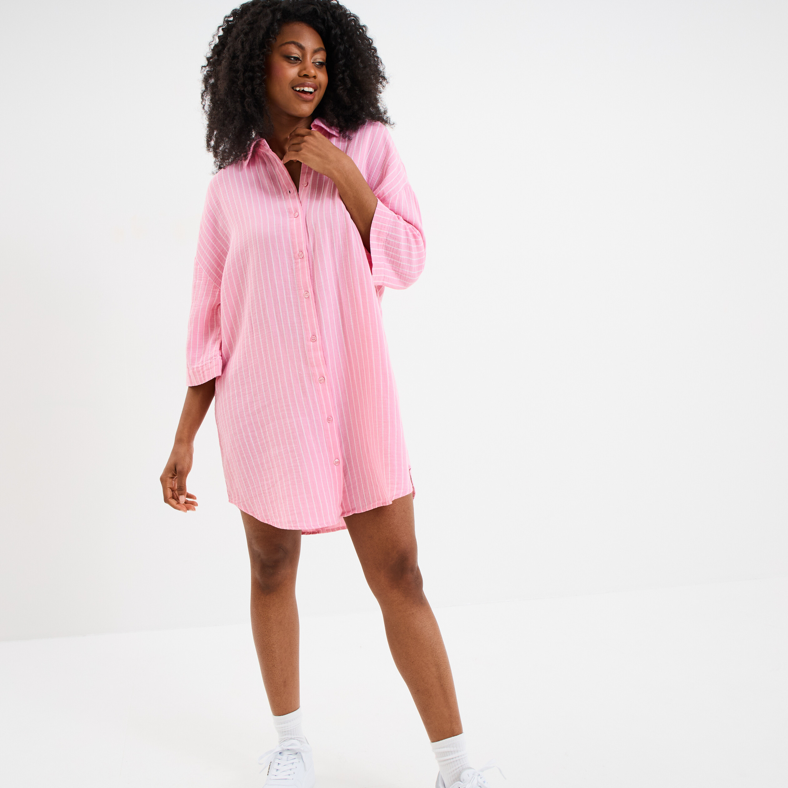 robe chemise manches 34 gaze de coton rose vif femme Robe chemise manches 3/4 gaze de coton rose vif femme