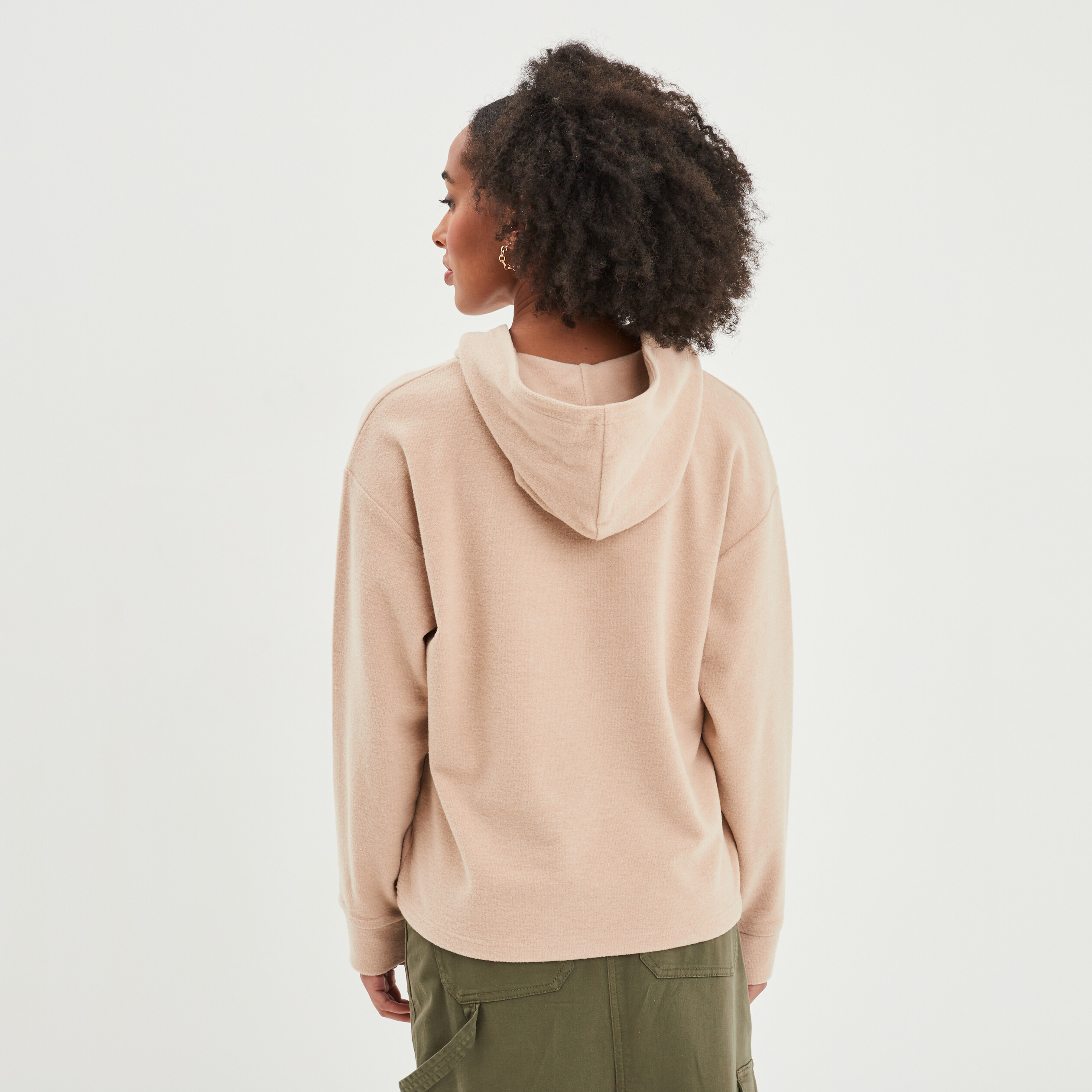 T-shirt à capuche manches longues beige femme
