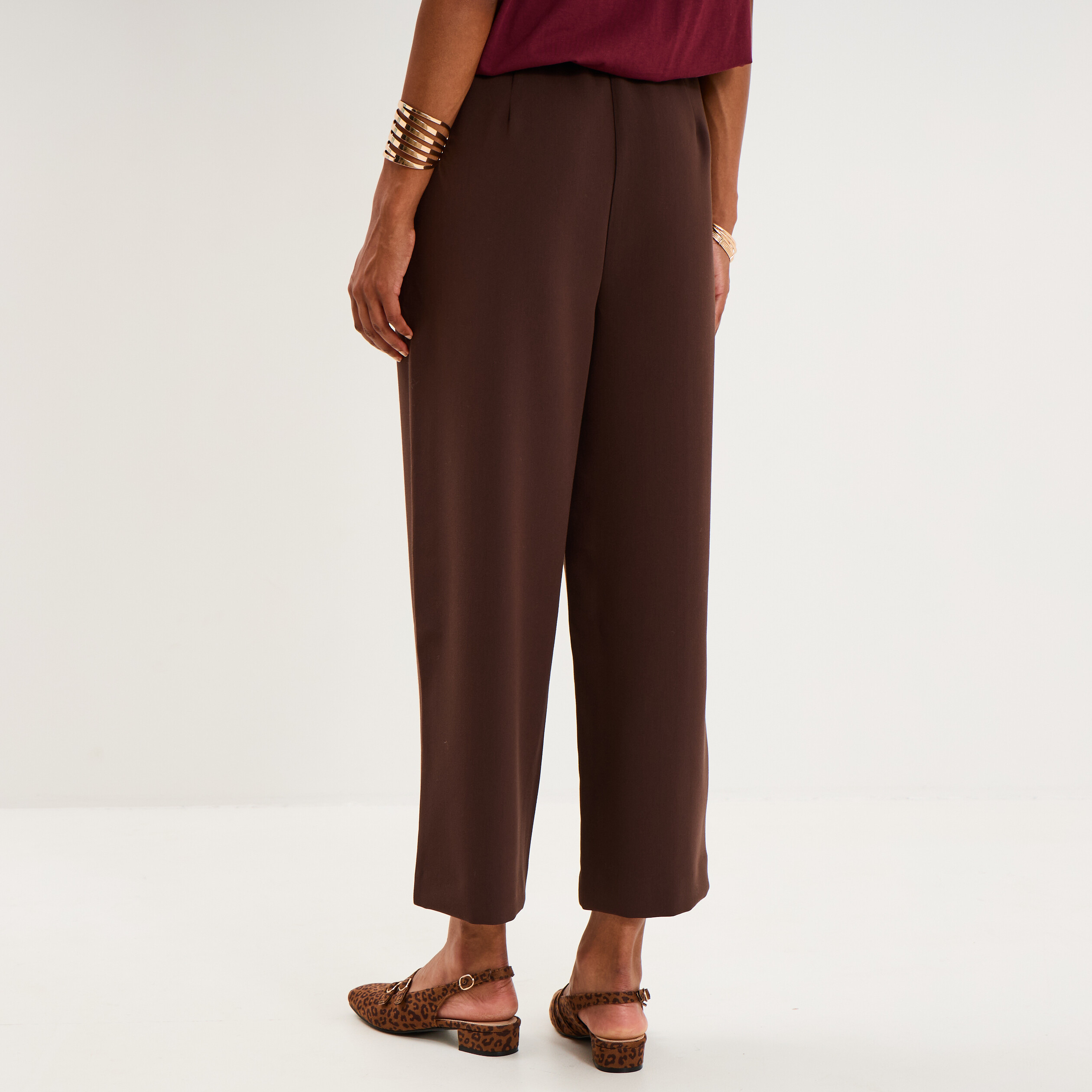 Pantalon droit cropped taille haute marron fonc&eacute; femme