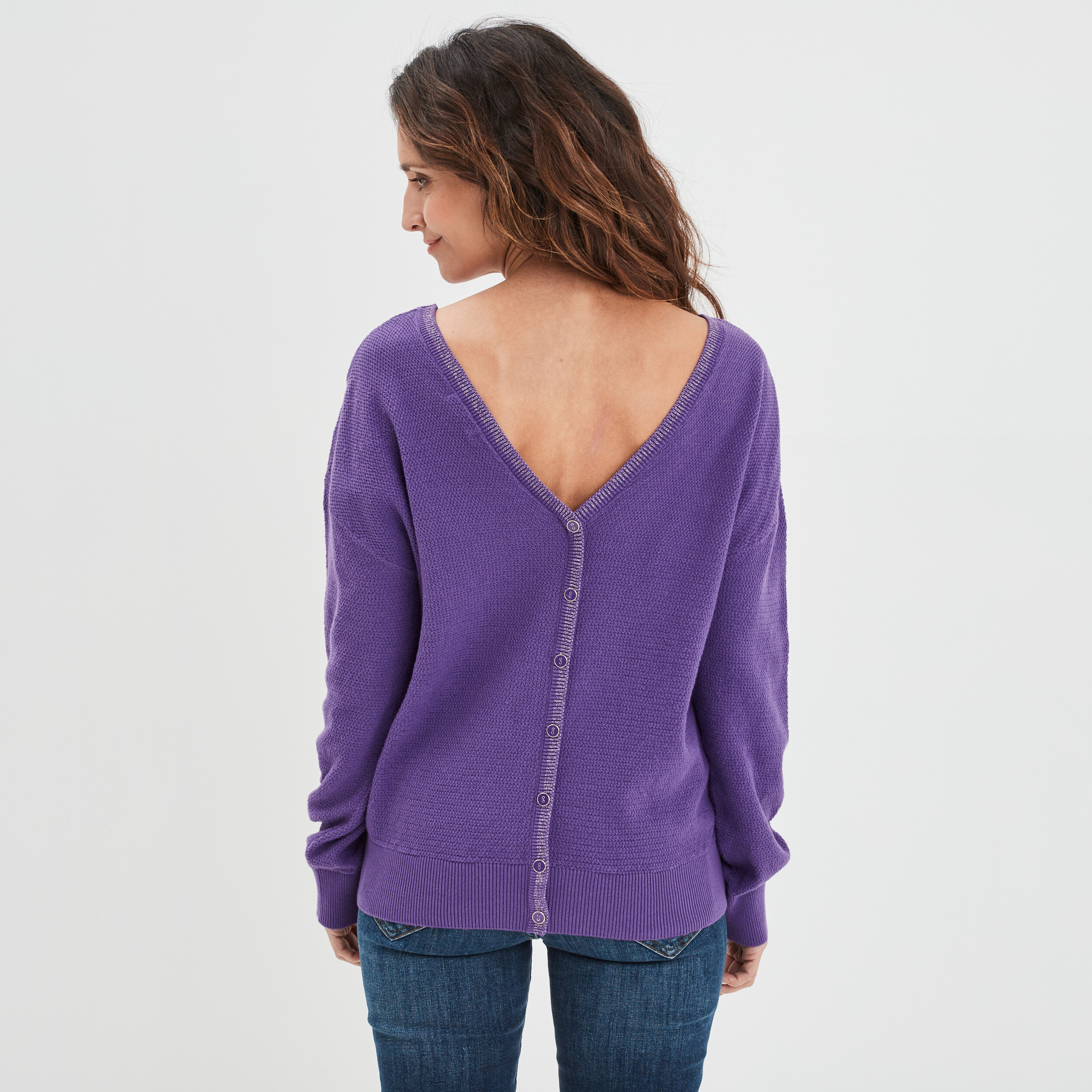 Pull gilet recto-verso col en V violet femme