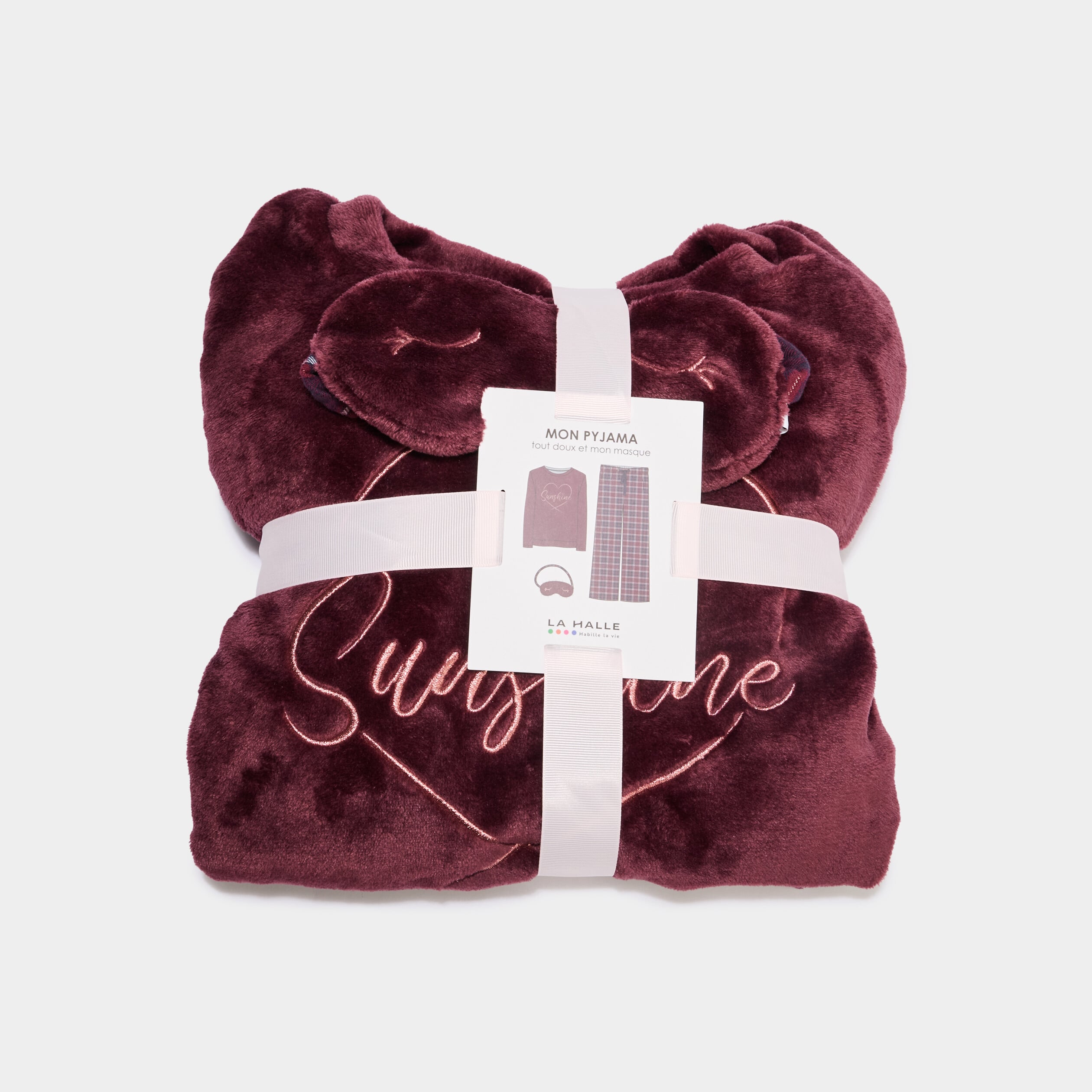 Ensemble pyjama effet polaire 3 pi&egrave;ces bordeaux femme