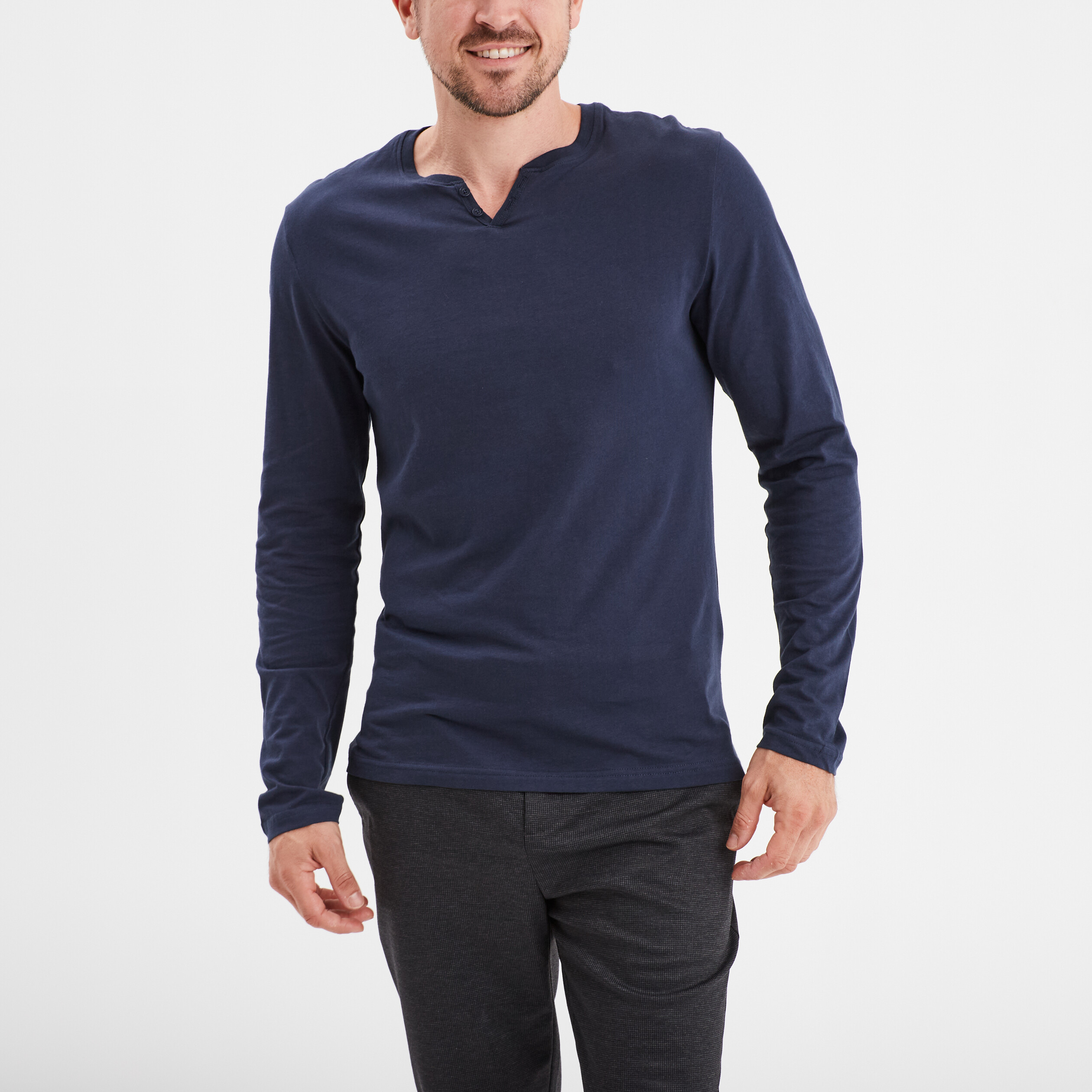 T-shirt col tunisien manches longues bleu marine homme